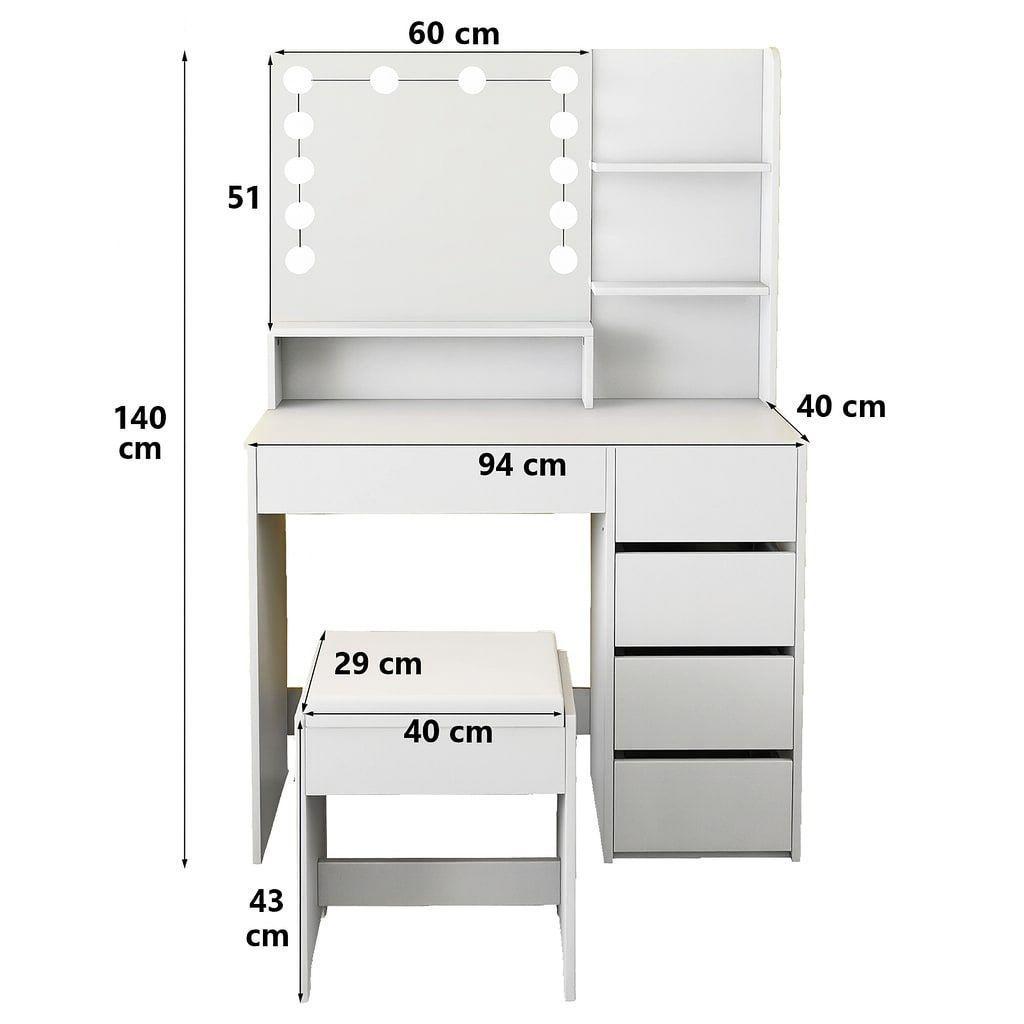 Tocador Con Taburete Luz Hollywood Y Cajonera 140x90x40cm Color Blanco-5