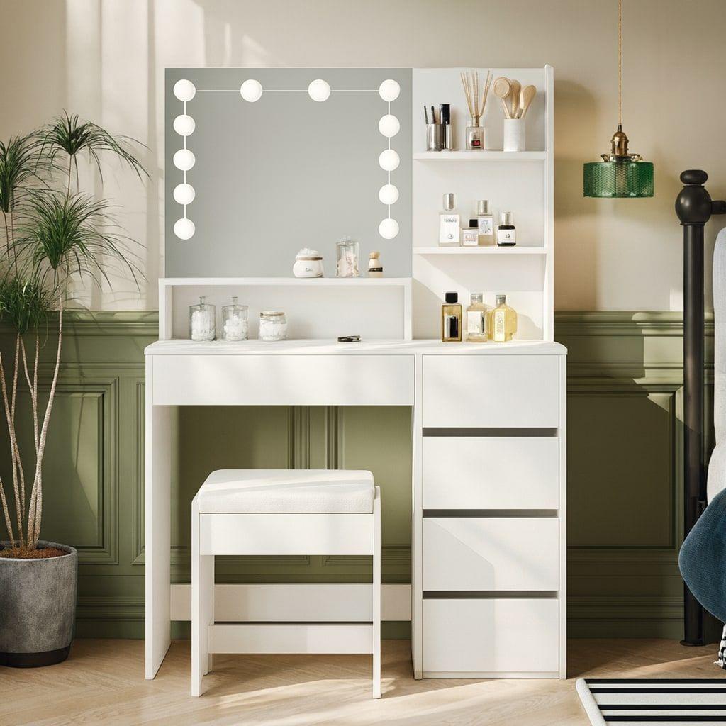 Tocador Con Taburete Luz Hollywood Y Cajonera 140x90x40cm Color Blanco-7