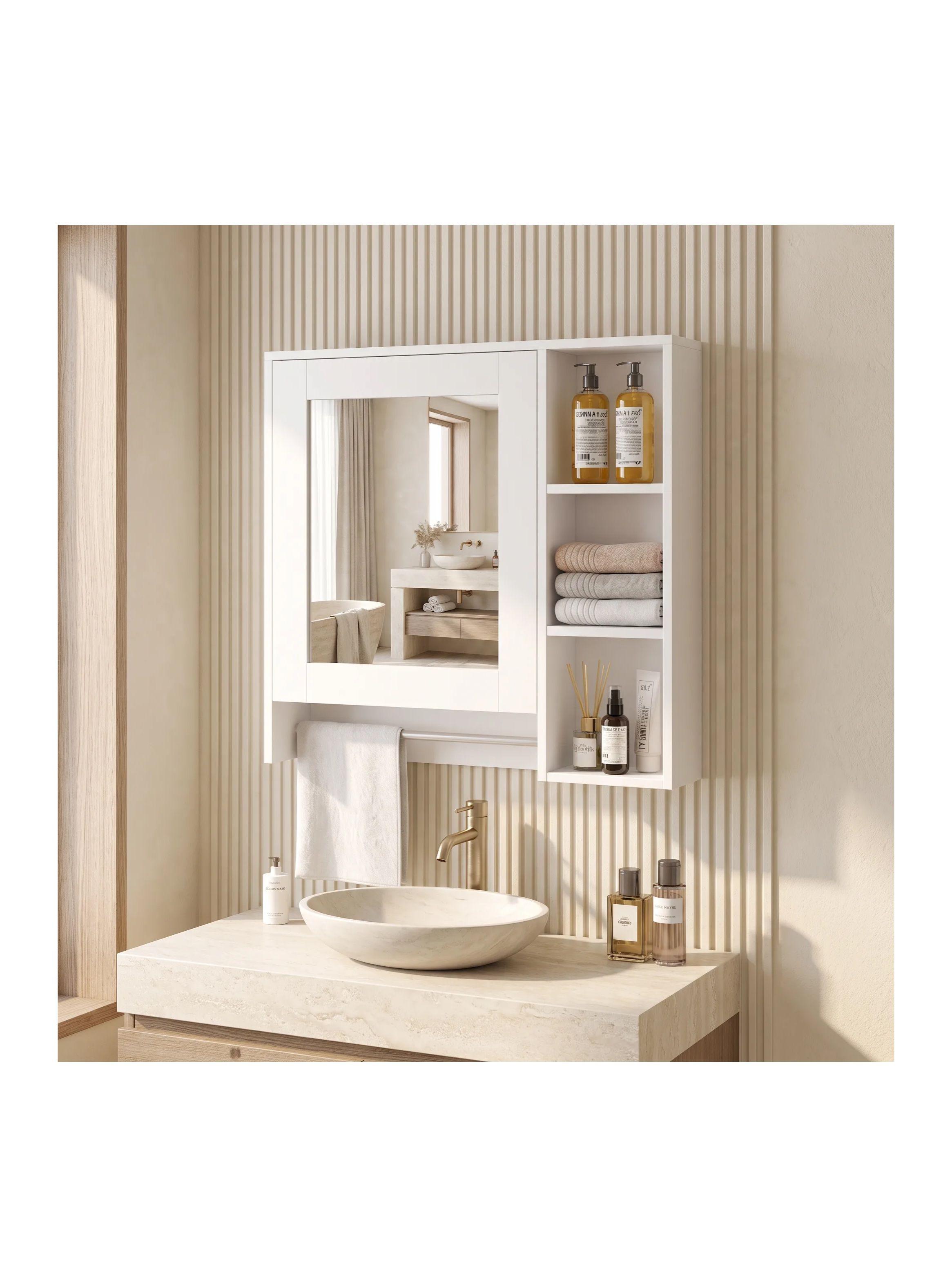 Botiquín Mural Para Baño 55x14x60 Cm Con Espejo Y Repisas Blanco-0