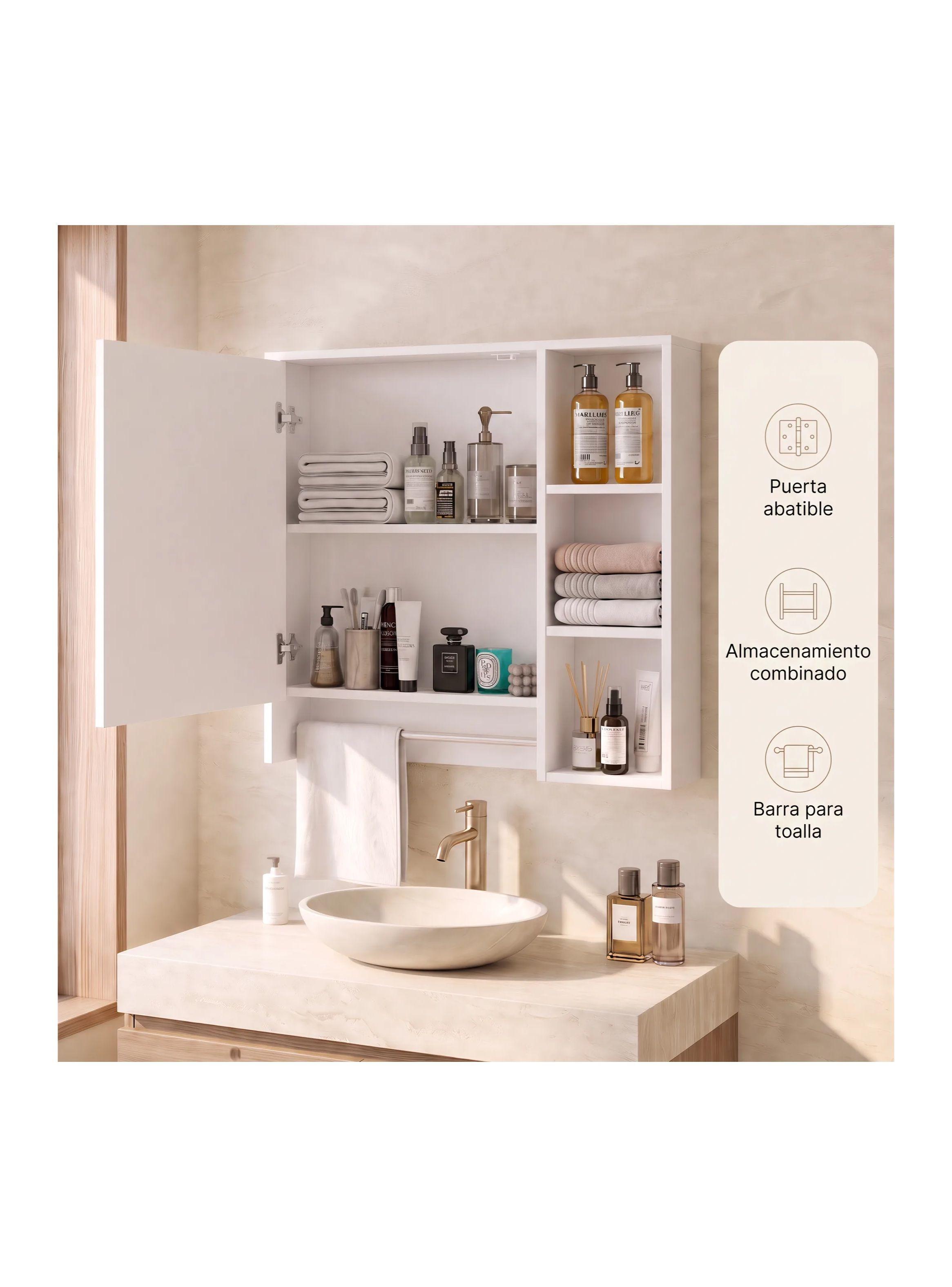 Botiquín Mural Para Baño 55x14x60 Cm Con Espejo Y Repisas Blanco-1