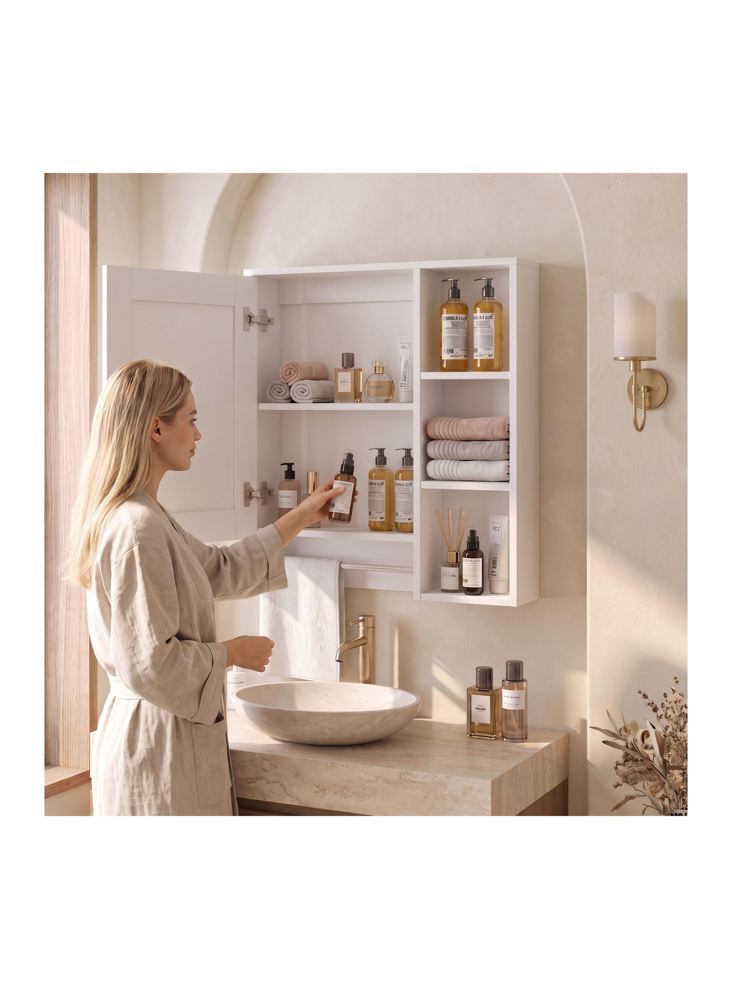 Botiquín Mural Para Baño 55x14x60 Cm Con Espejo Y Repisas Blanco-5