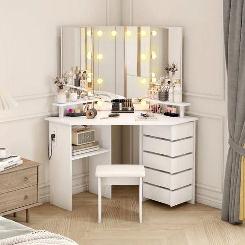 Tocador Esquinero Profesional Led Hollywood Enchufe Taburete Blanco-3