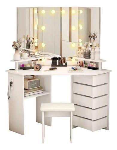 Tocador Esquinero Profesional Led Hollywood Enchufe Taburete Blanco-4