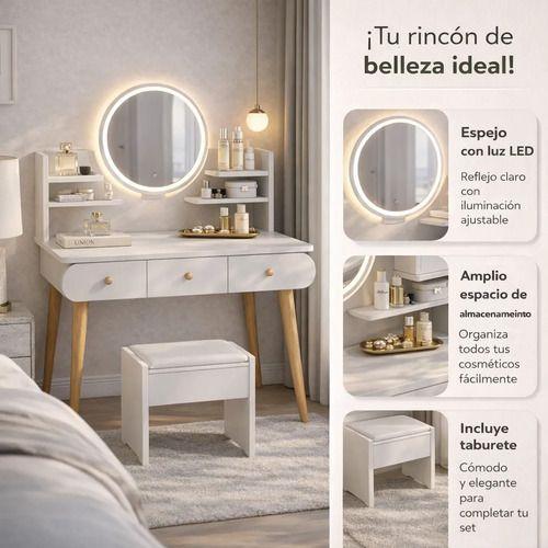 Tocador Madera Espejo Con Luz 100ancho*40*120cm Con Taburete-3