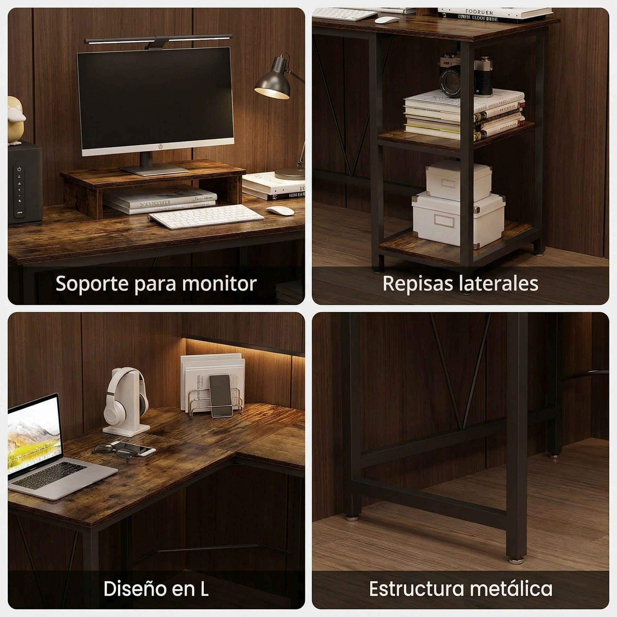 Escritorio Esquinero Metal Oficina 150x48x75cm En Forma L Marrón-3