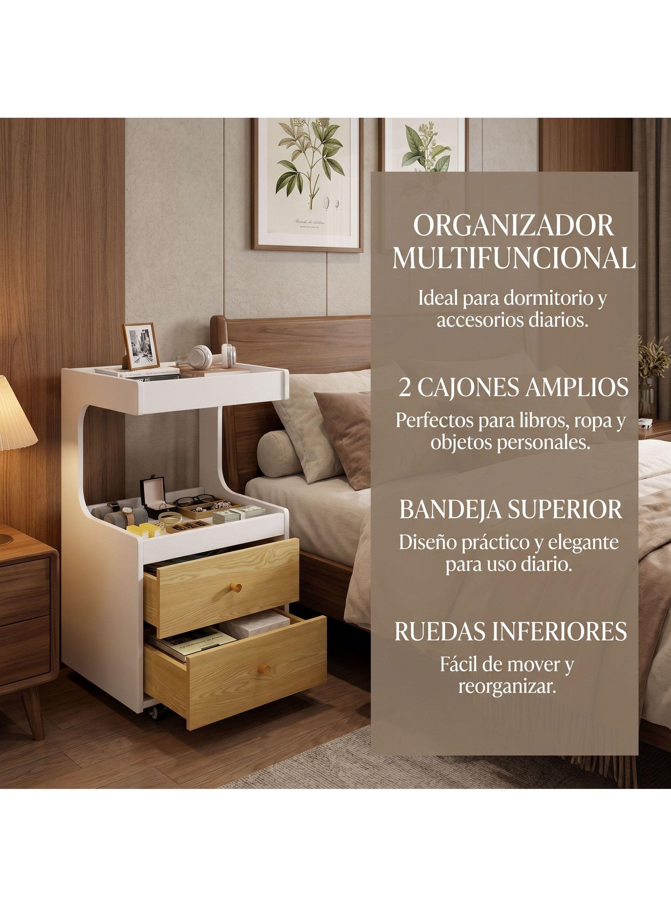 Velador Con Cajones Y Repisa Bicolor Con Rueda 80x40x43cm Mate Blanco-2