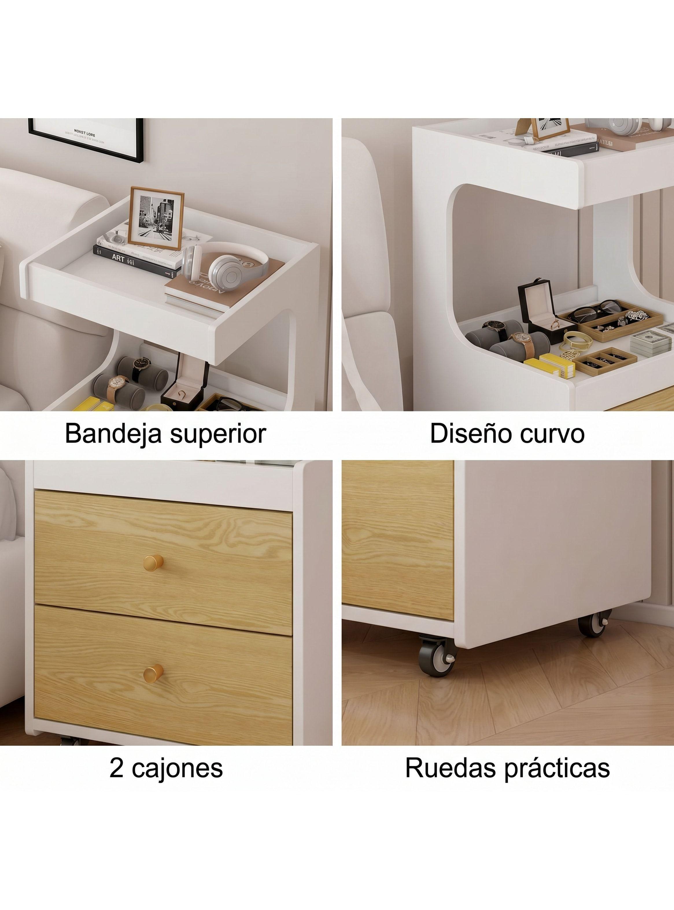 Velador Con Cajones Y Repisa Bicolor Con Rueda 80x40x43cm Mate Blanco-4