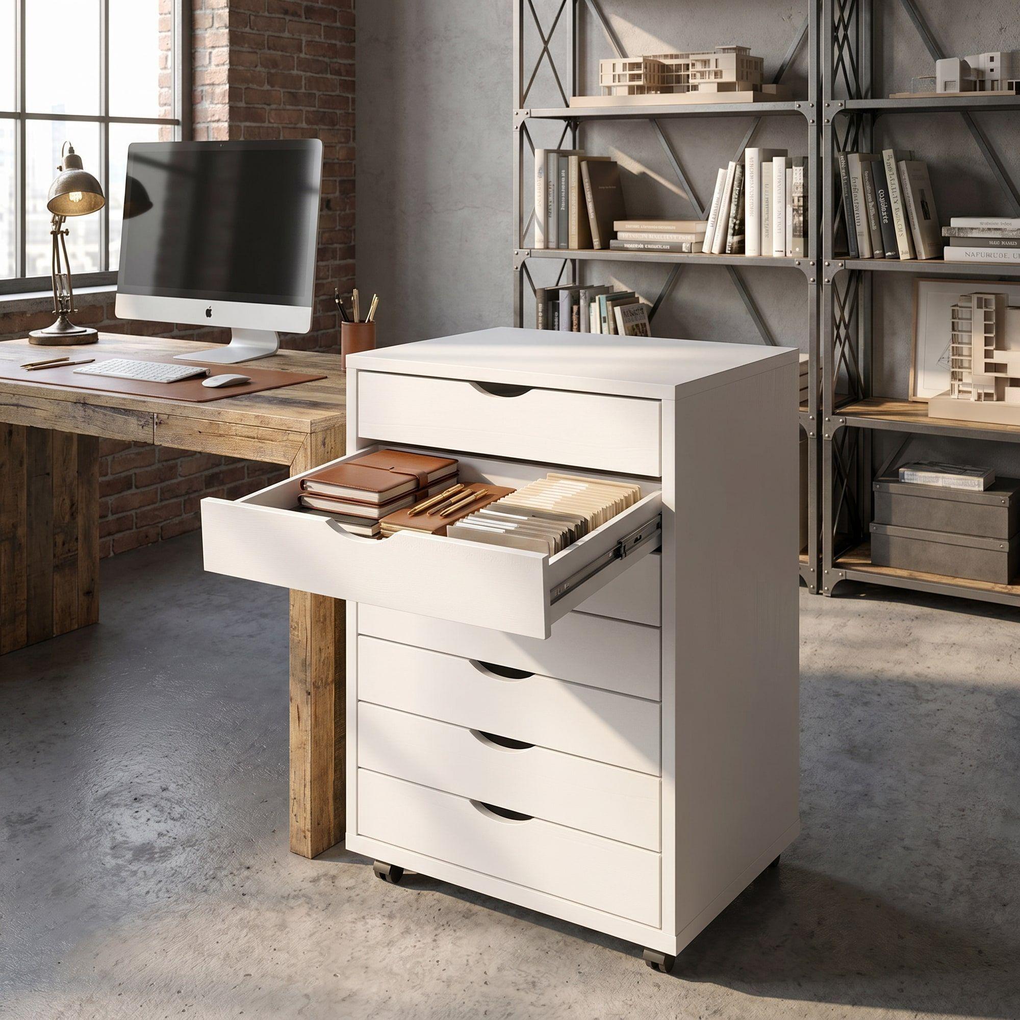 Mueble Para Oficina Cajonera 7 Tiras Archivador Con Rueda Color Blanco-0