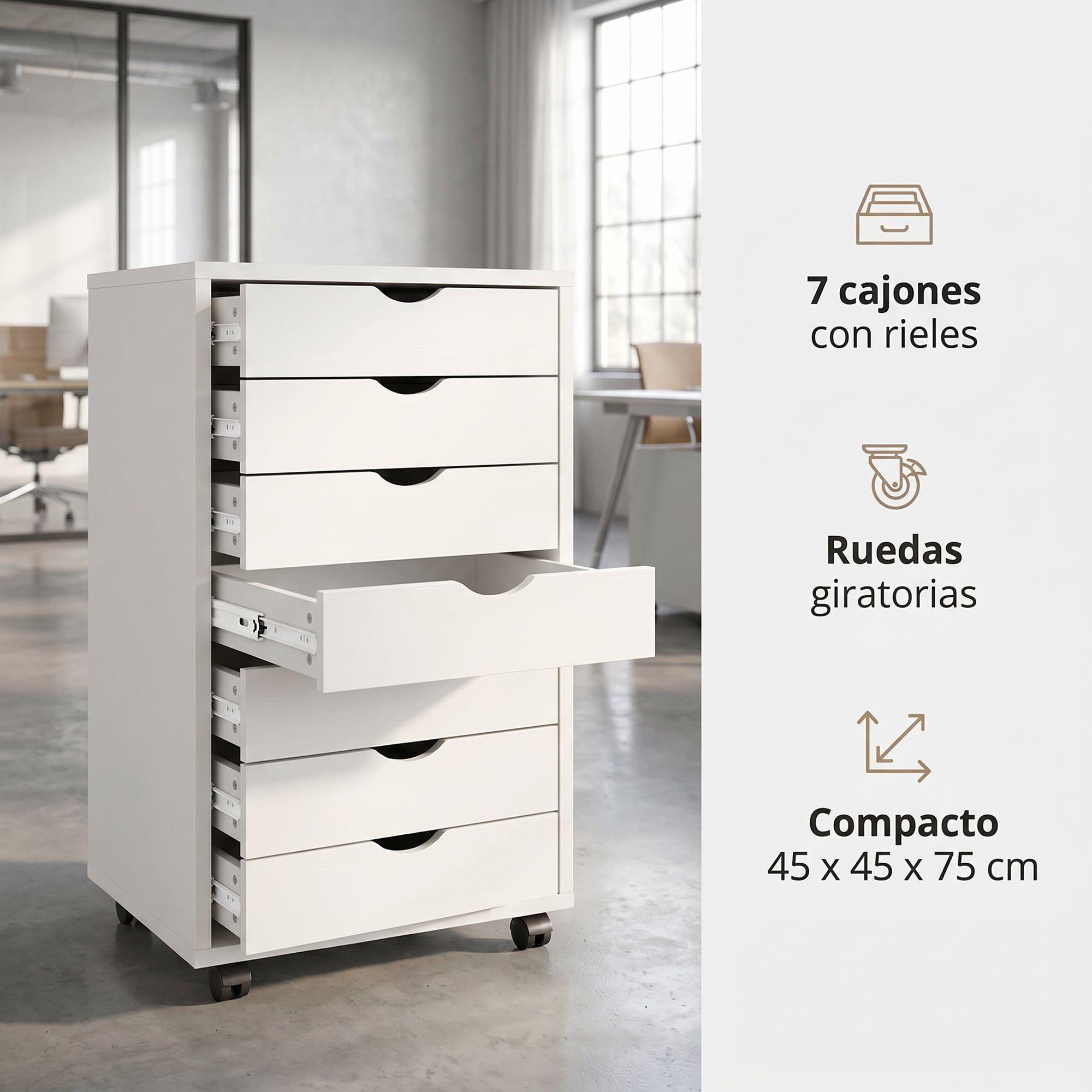 Mueble Para Oficina Cajonera 7 Tiras Archivador Con Rueda Color Blanco-1