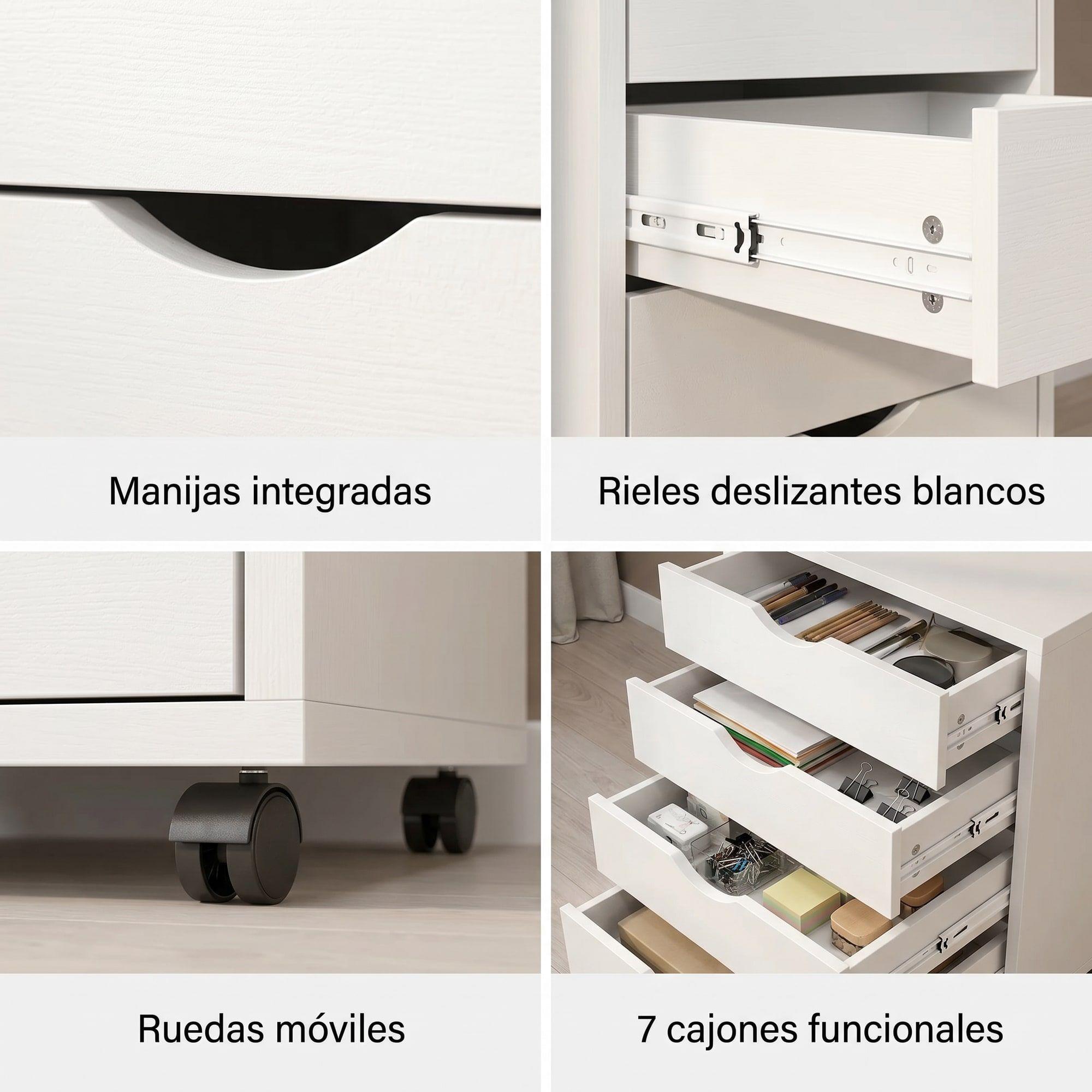 Mueble Para Oficina Cajonera 7 Tiras Archivador Con Rueda Color Blanco-3
