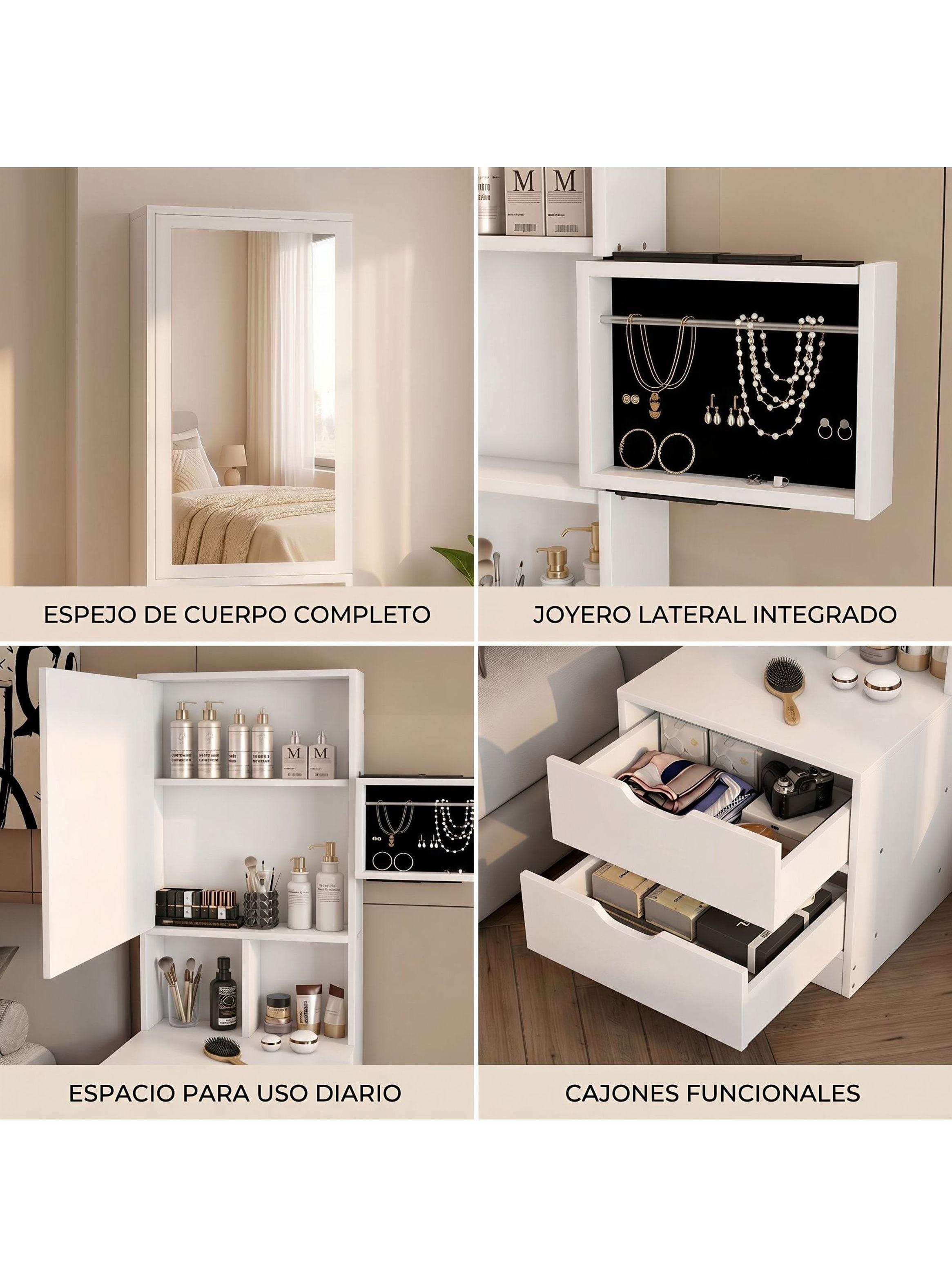 Velador Alto 160x40x50cm Con Espejo Y Espacio Para Almacenar Mate Blanco Con Joyero-3