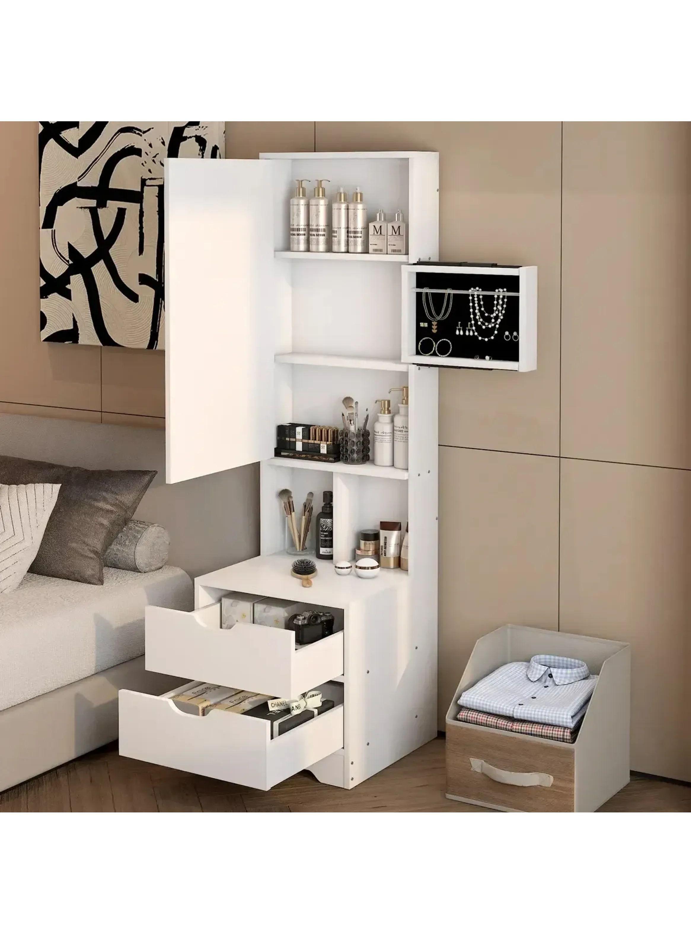 Velador Alto 160x40x50cm Con Espejo Y Espacio Para Almacenar Mate Blanco Con Joyero-5