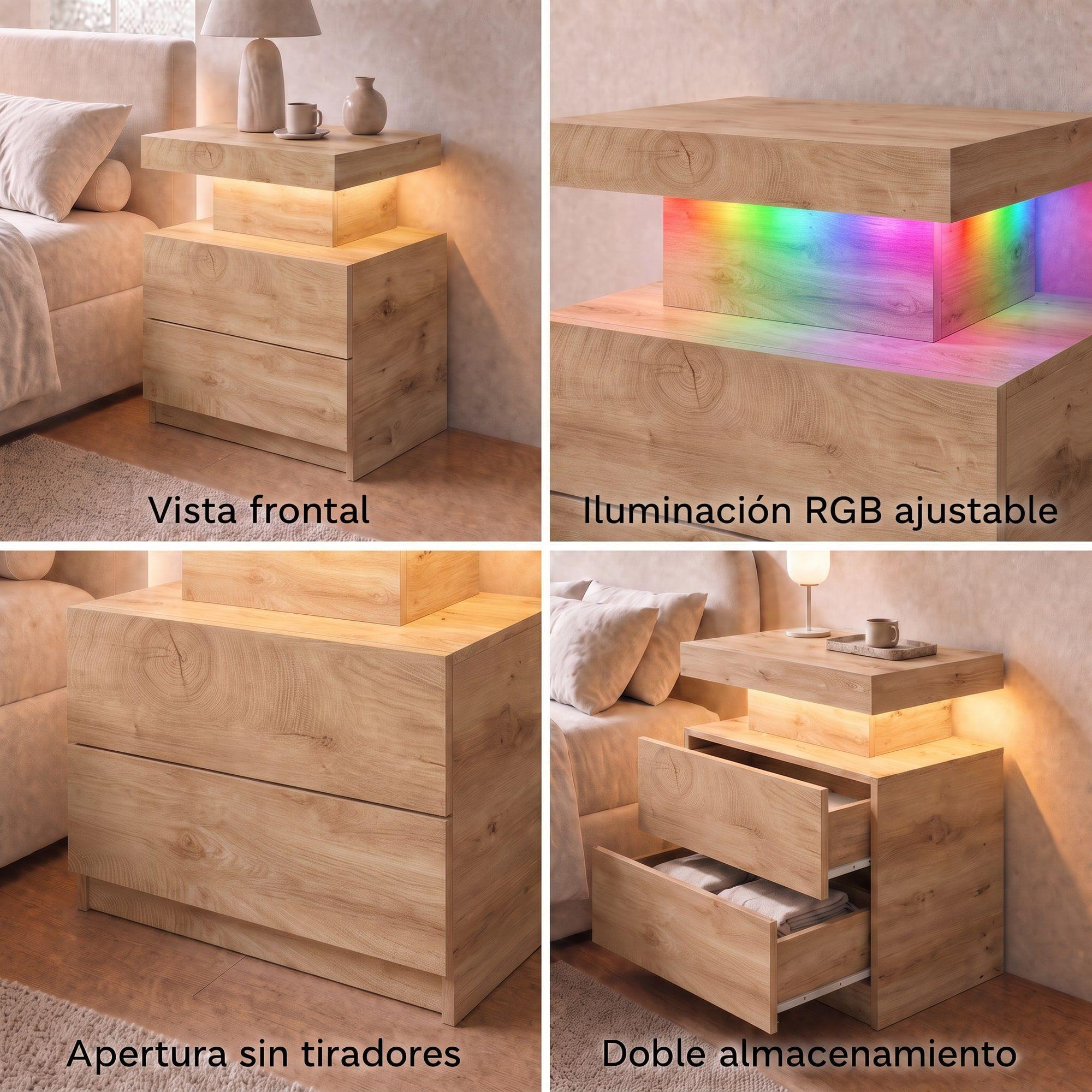 Velador Con Luz Variable Con 2 Cajones Homer Design 52*35*49 Color Marrón Mate-3