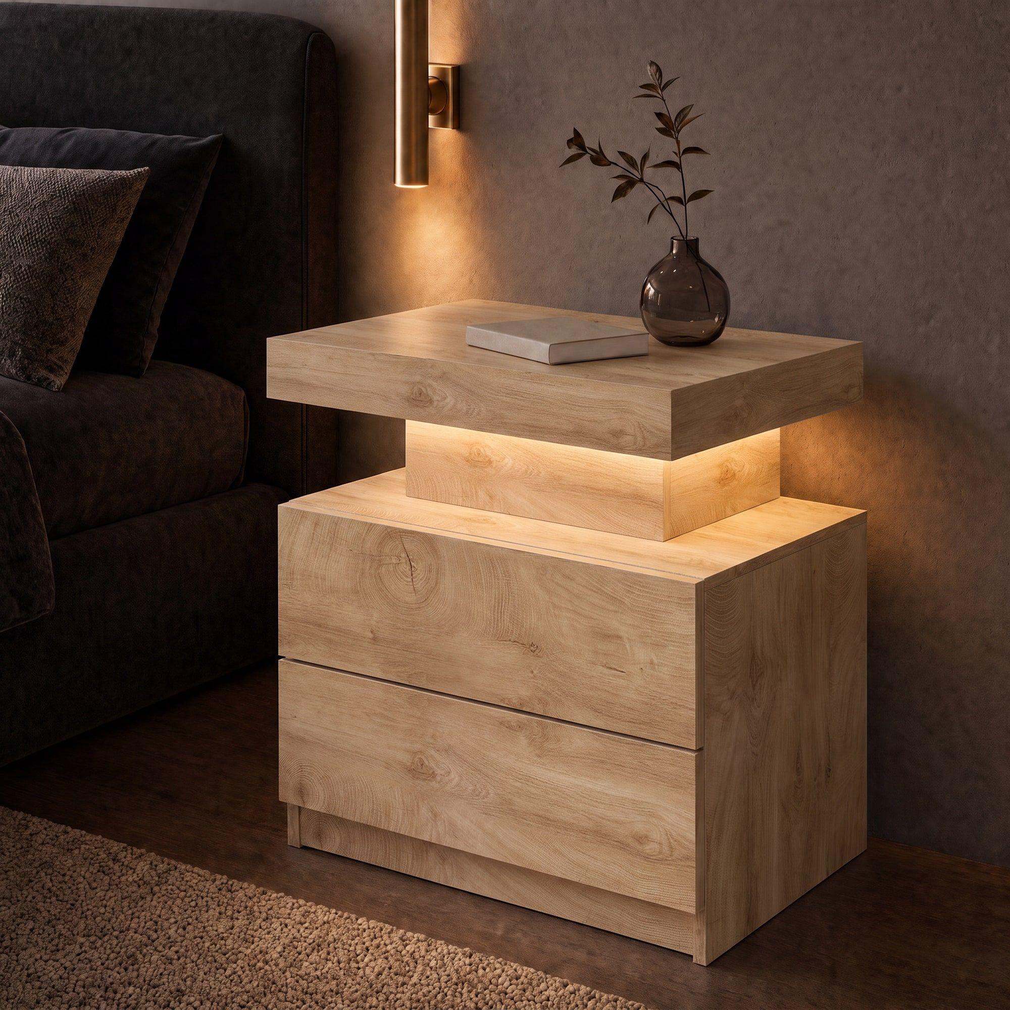 Velador Con Luz Variable Con 2 Cajones Homer Design 52*35*49 Color Marrón Mate-4