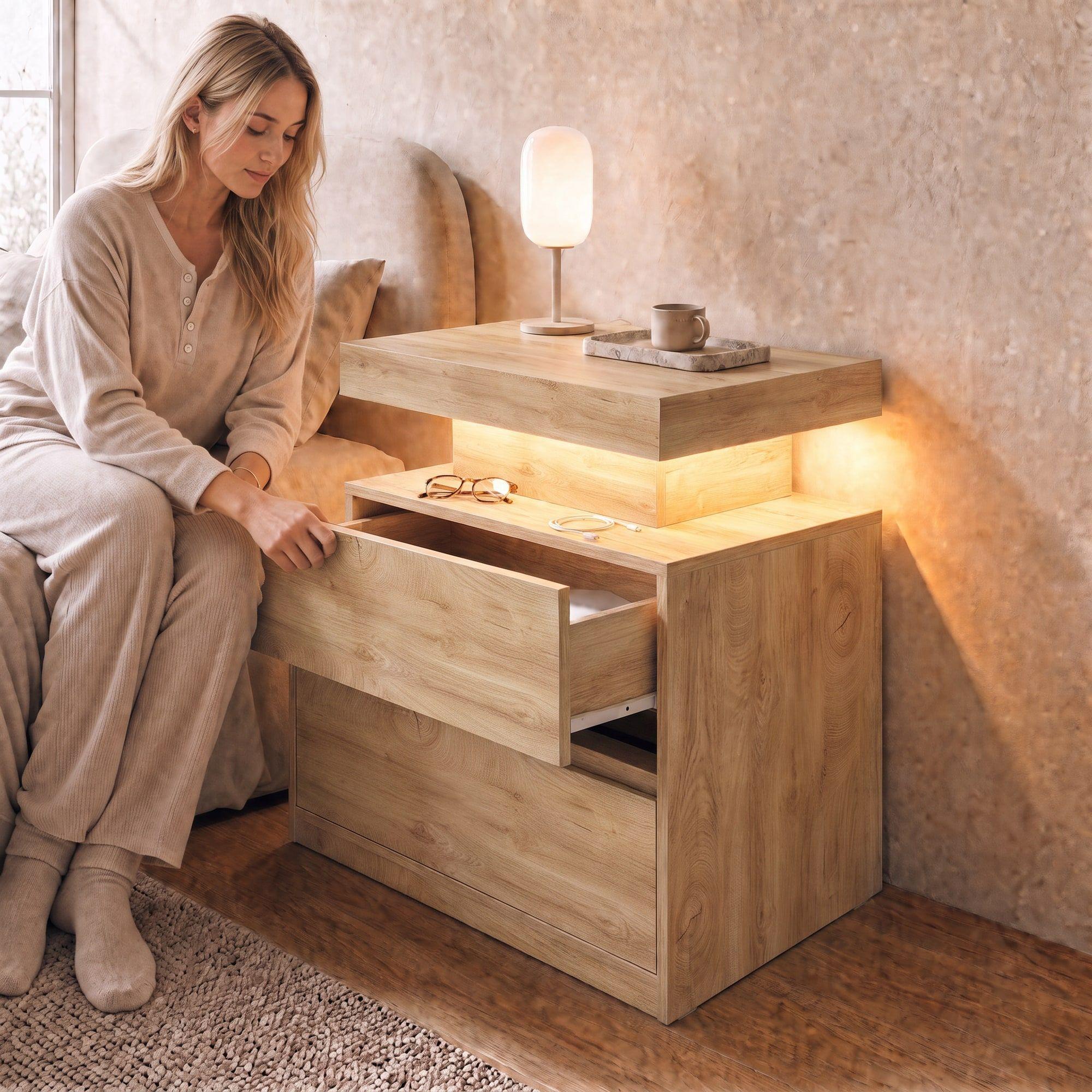 Velador Con Luz Variable Con 2 Cajones Homer Design 52*35*49 Color Marrón Mate-5