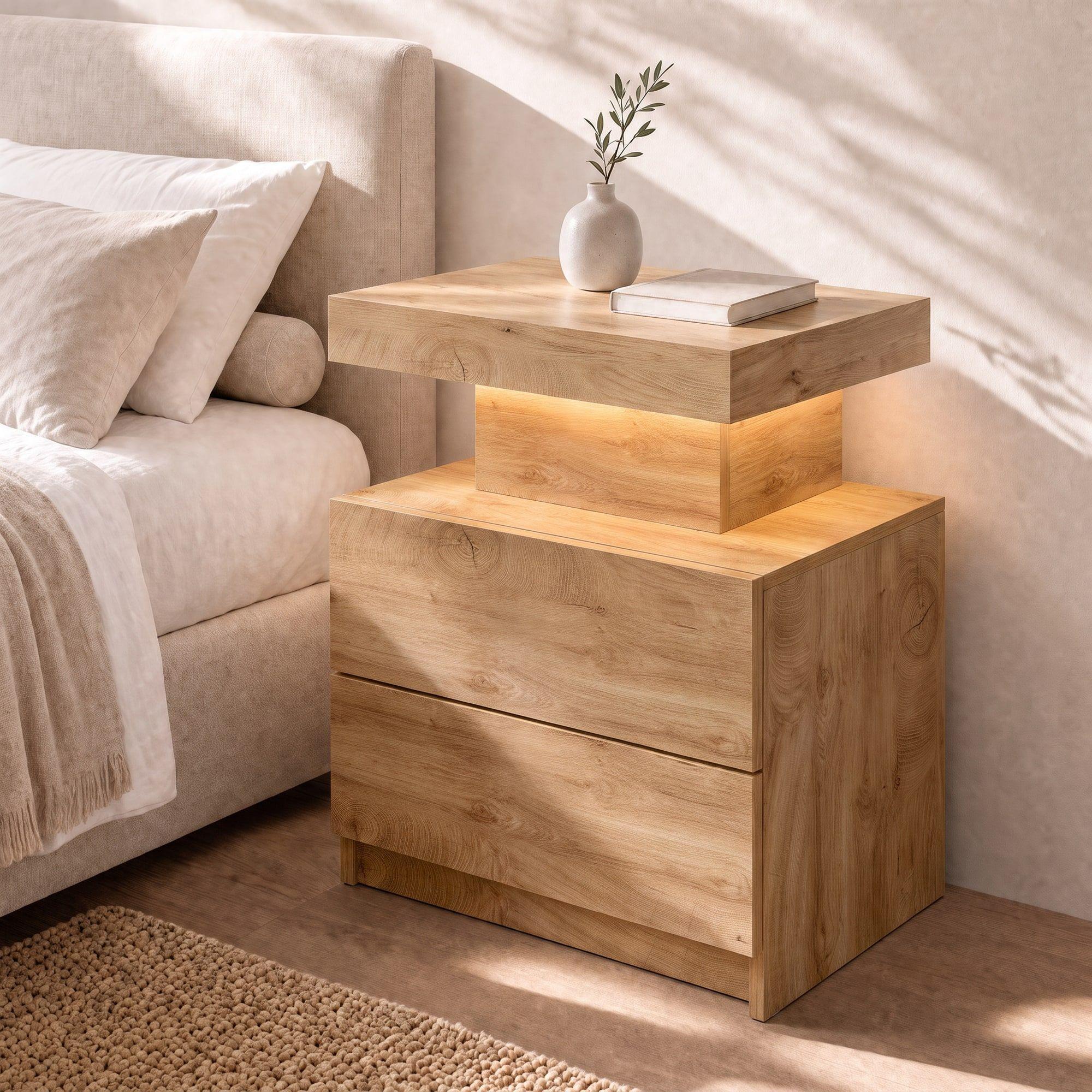 Velador Con Luz Variable Con 2 Cajones Homer Design 52*35*49 Color Marrón Mate-6
