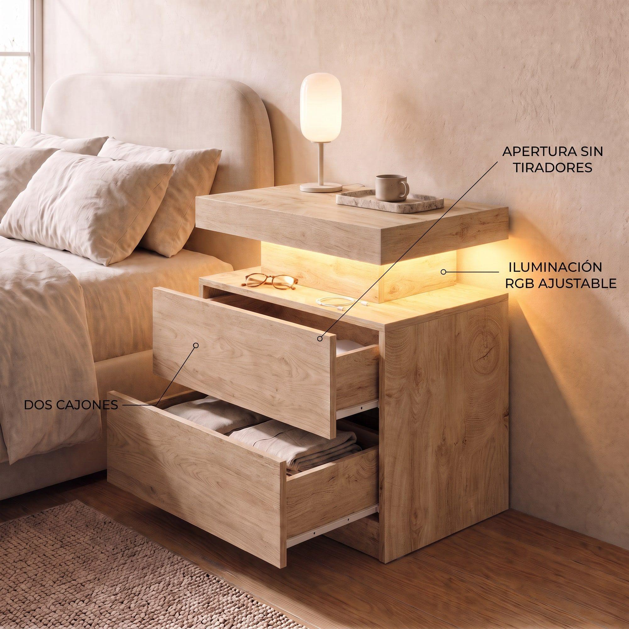 Velador Con Luz Variable Con 2 Cajones Homer Design 52*35*49 Color Marrón Mate-7