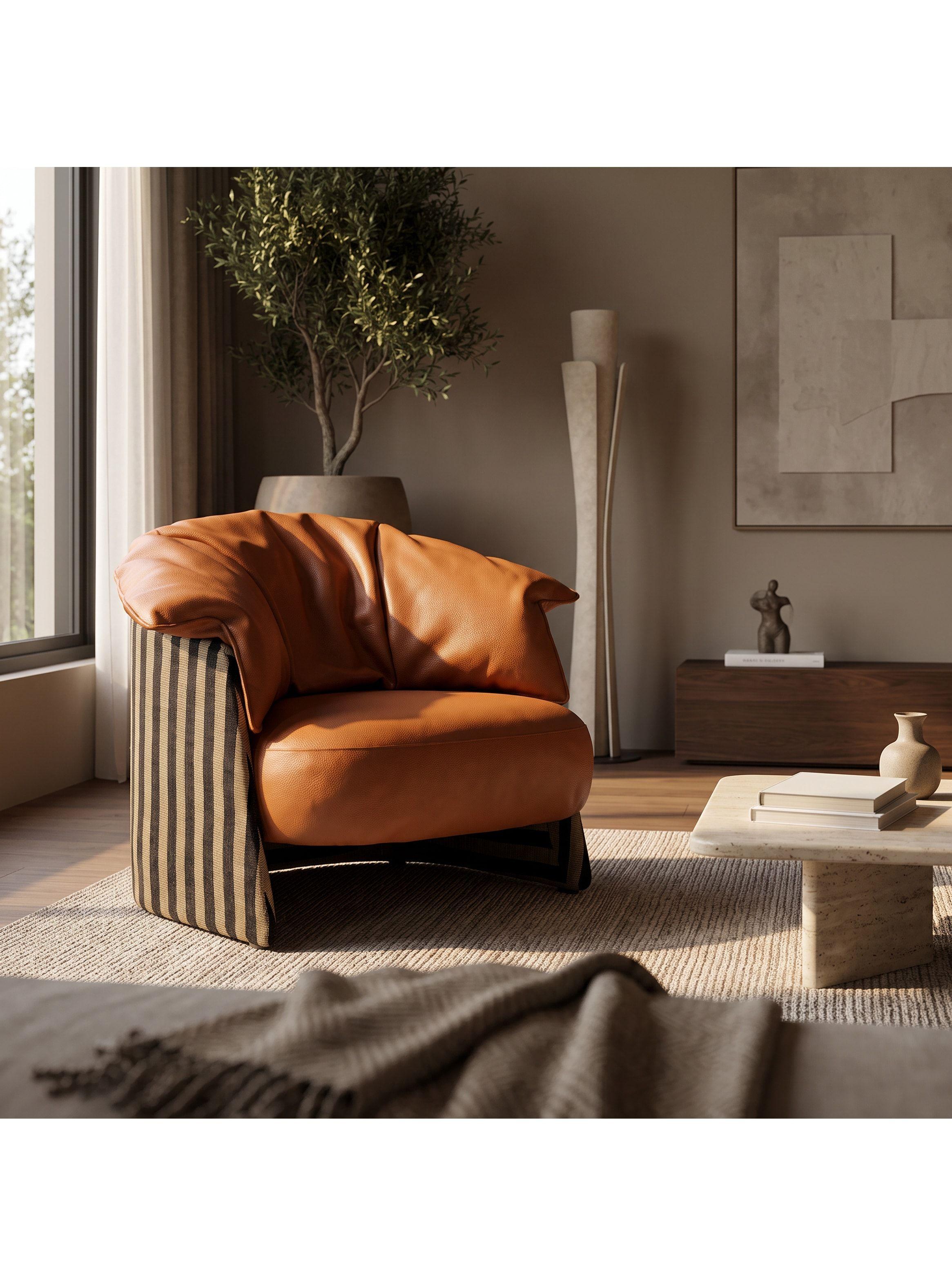 Sillón Lorenzo Individual Ecocuero Estructura Curva De Acero Marrón Liso-4