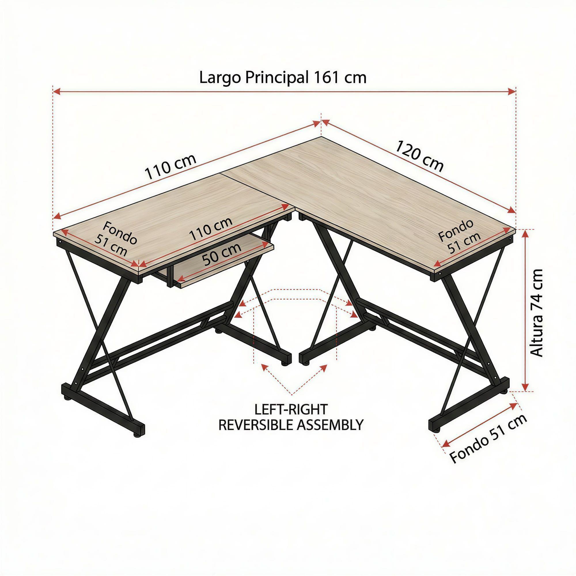 Escritorio Esquinero Forma L Base Metal Oficina 161x51x74cm Arce-2