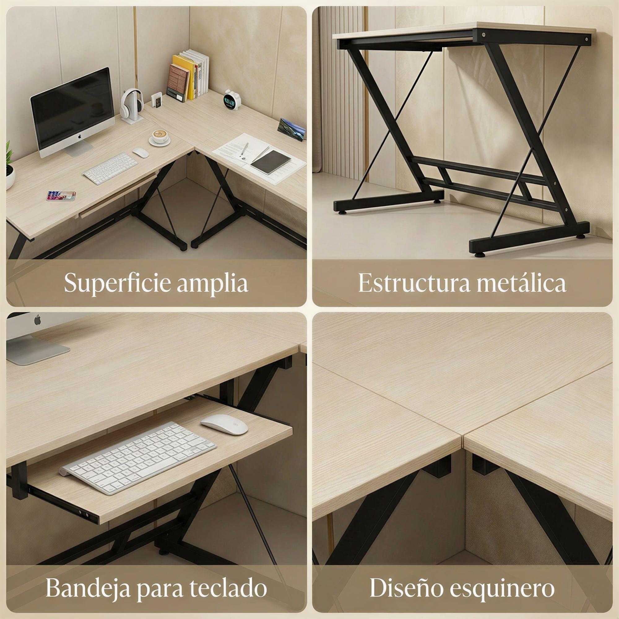 Escritorio Esquinero Forma L Base Metal Oficina 161x51x74cm Arce-3