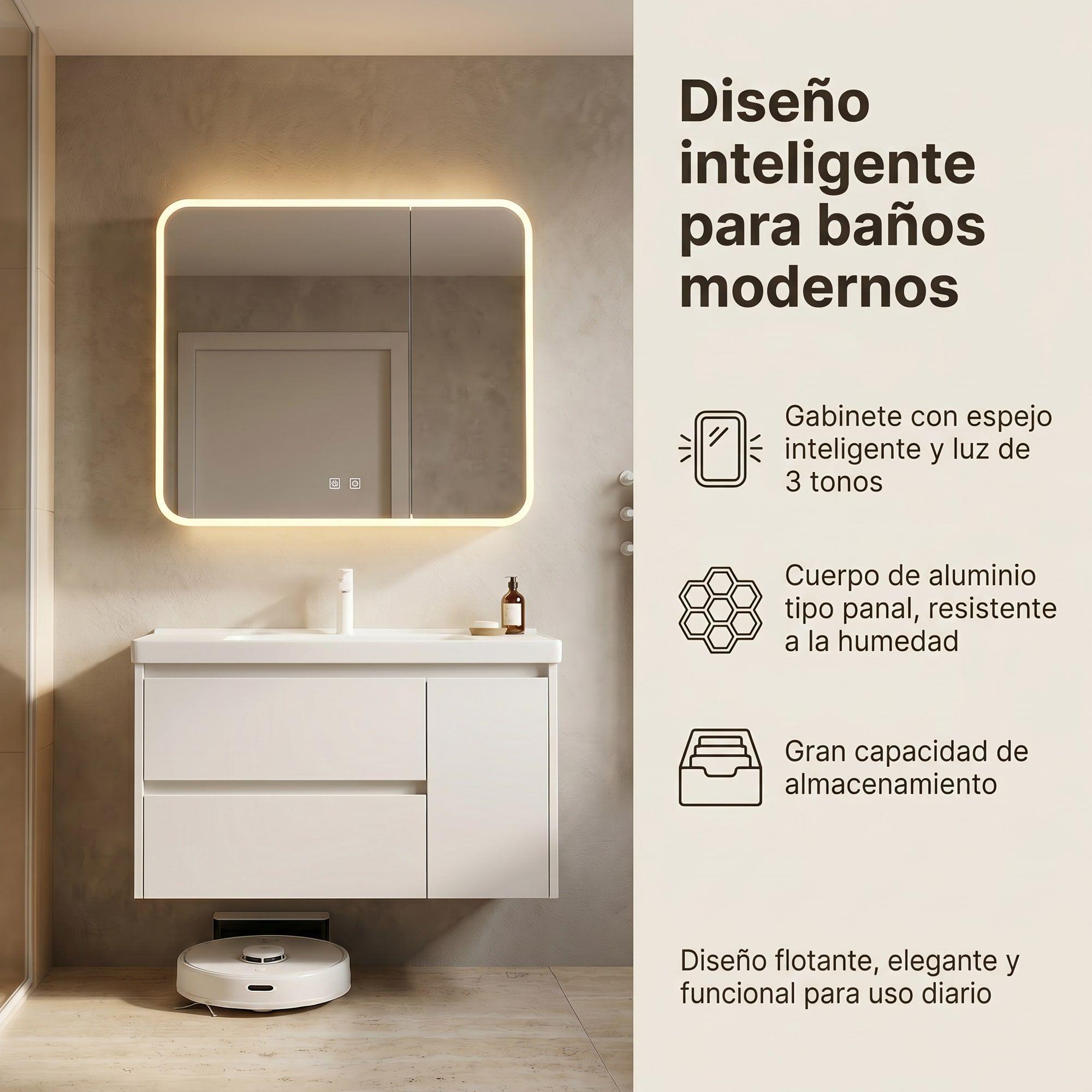 Vanitorio De Panal Aluminio Con Botiquín Espejo Inteligente Blanco Un Agujero-2