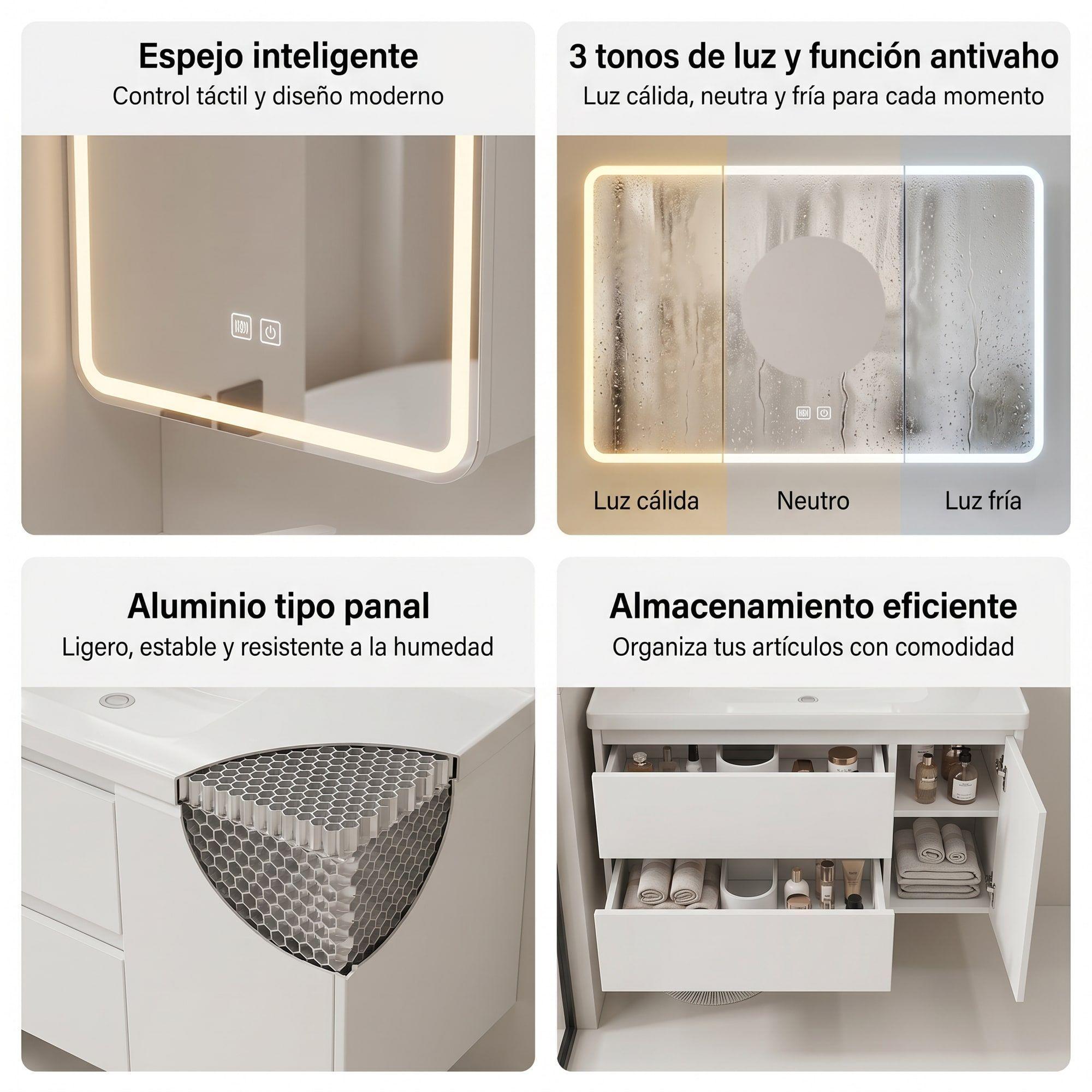 Vanitorio De Panal Aluminio Con Botiquín Espejo Inteligente Blanco Un Agujero-4