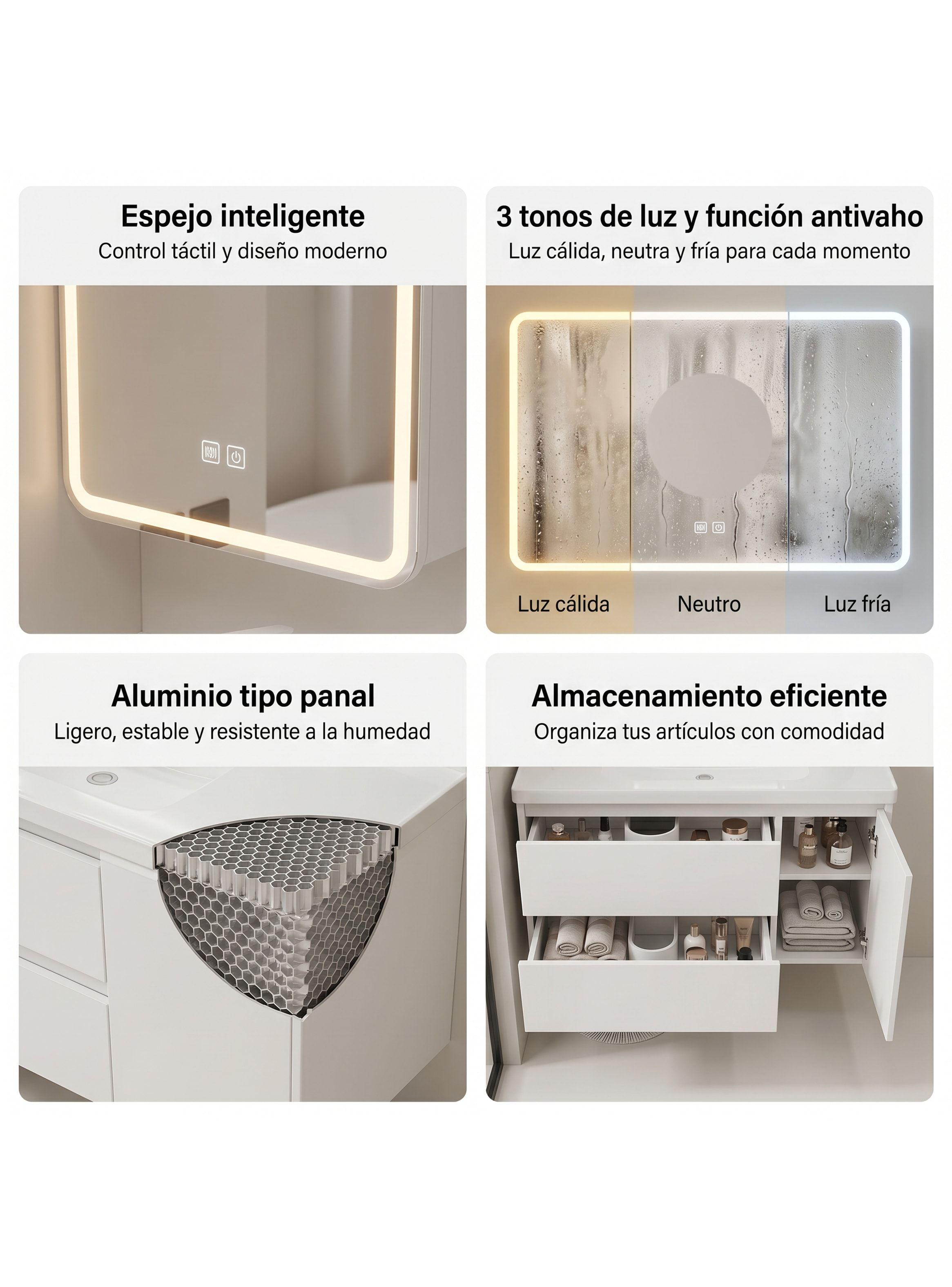 Vanitorio De Panal Aluminio Con Botiquín Espejo Inteligente Blanco Un Agujero-4