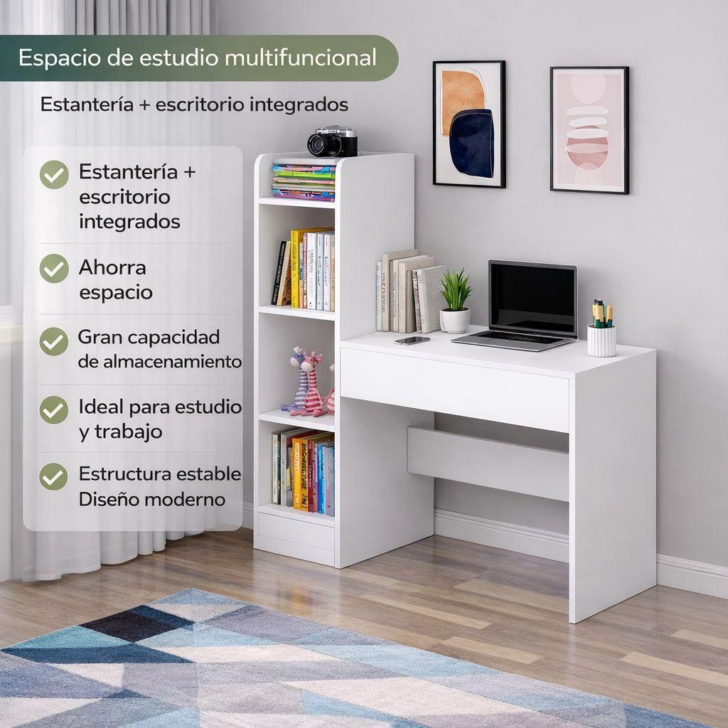 Escritorio Moderno Con Estantería Lateral Blanco 120x86x40 Blanco-5
