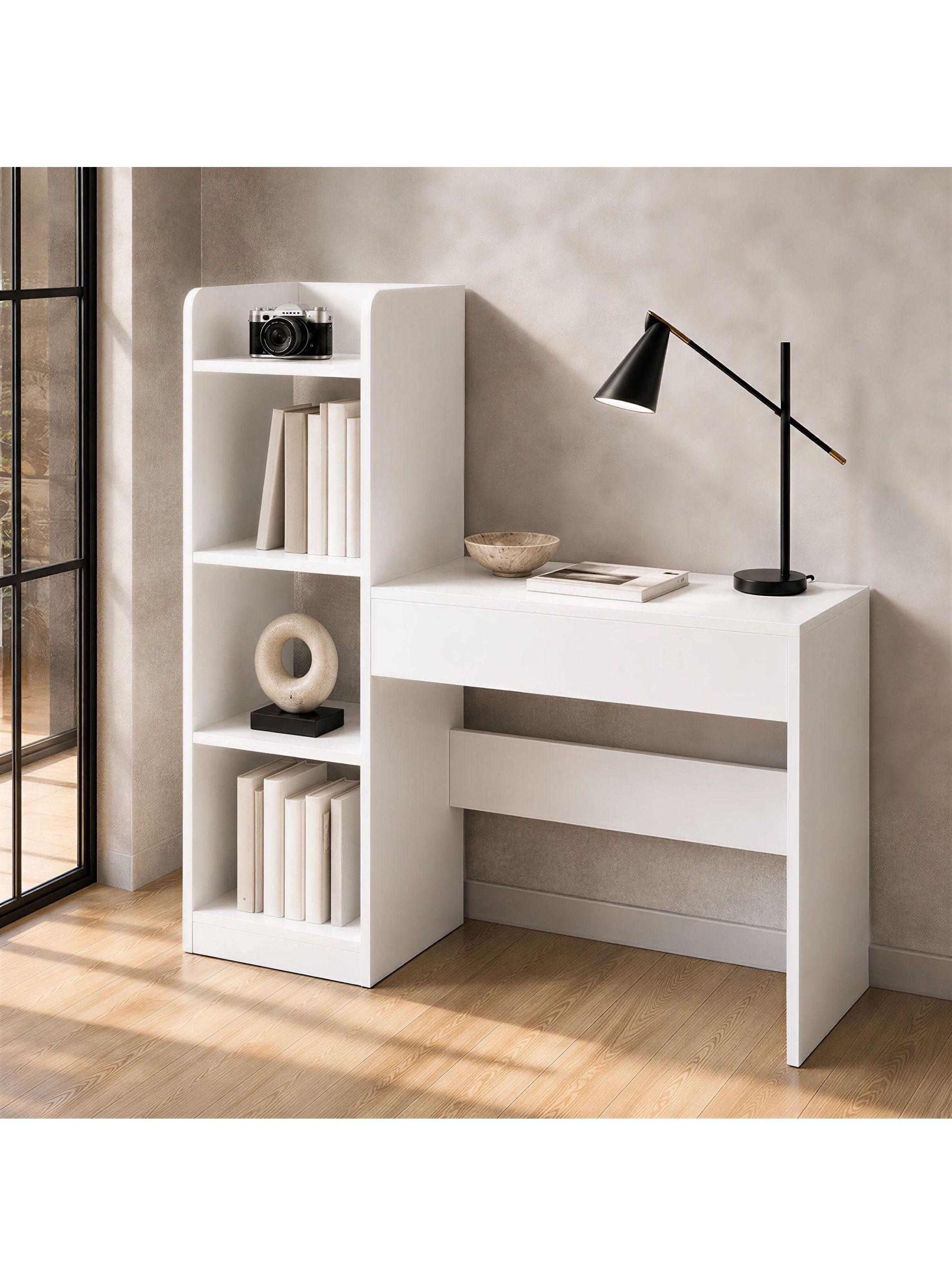 Escritorio Moderno Con Estantería Lateral Blanco 120x86x40 Blanco-4