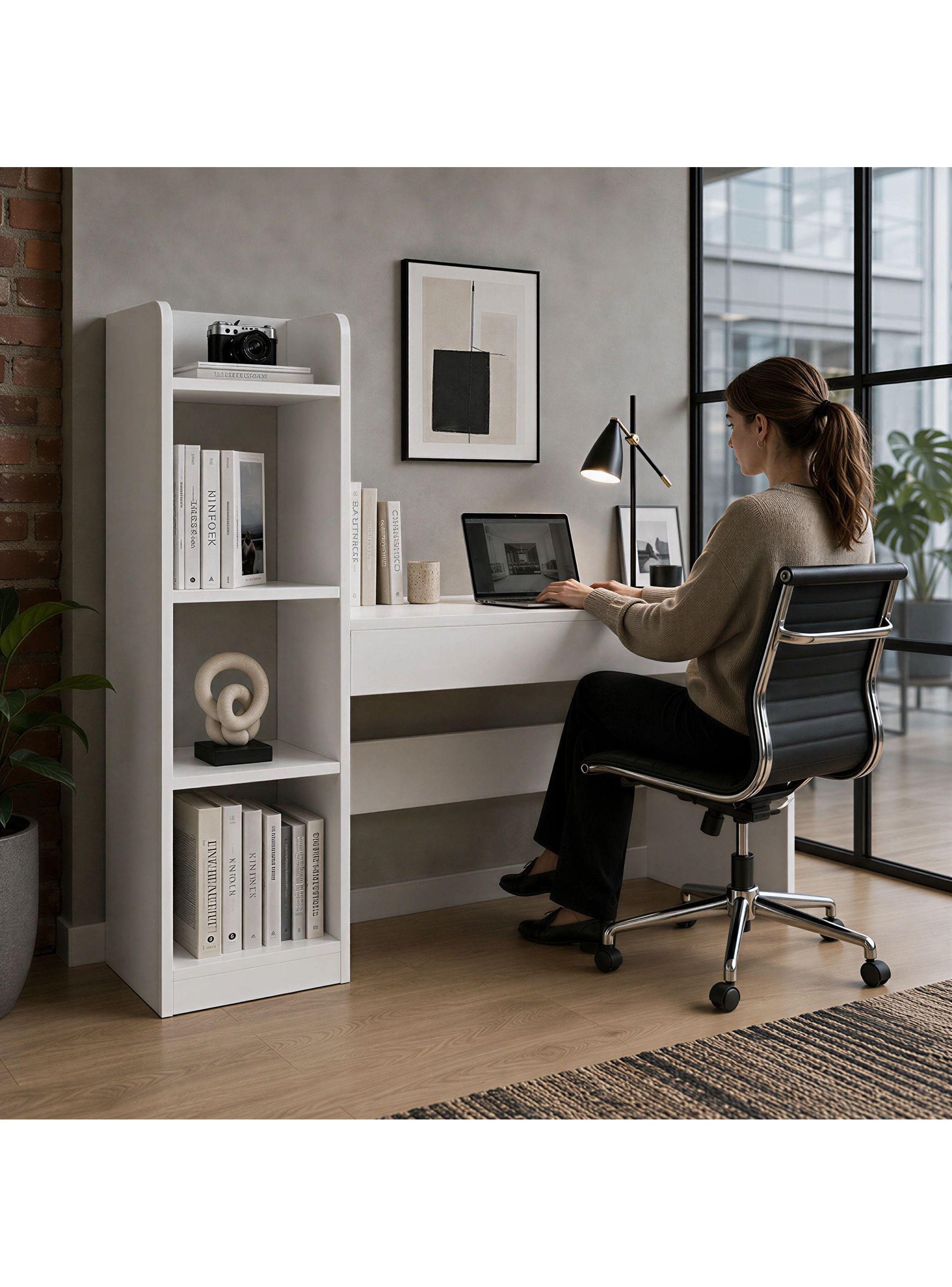 Escritorio Moderno Con Estantería Lateral Blanco 120x86x40 Blanco-5