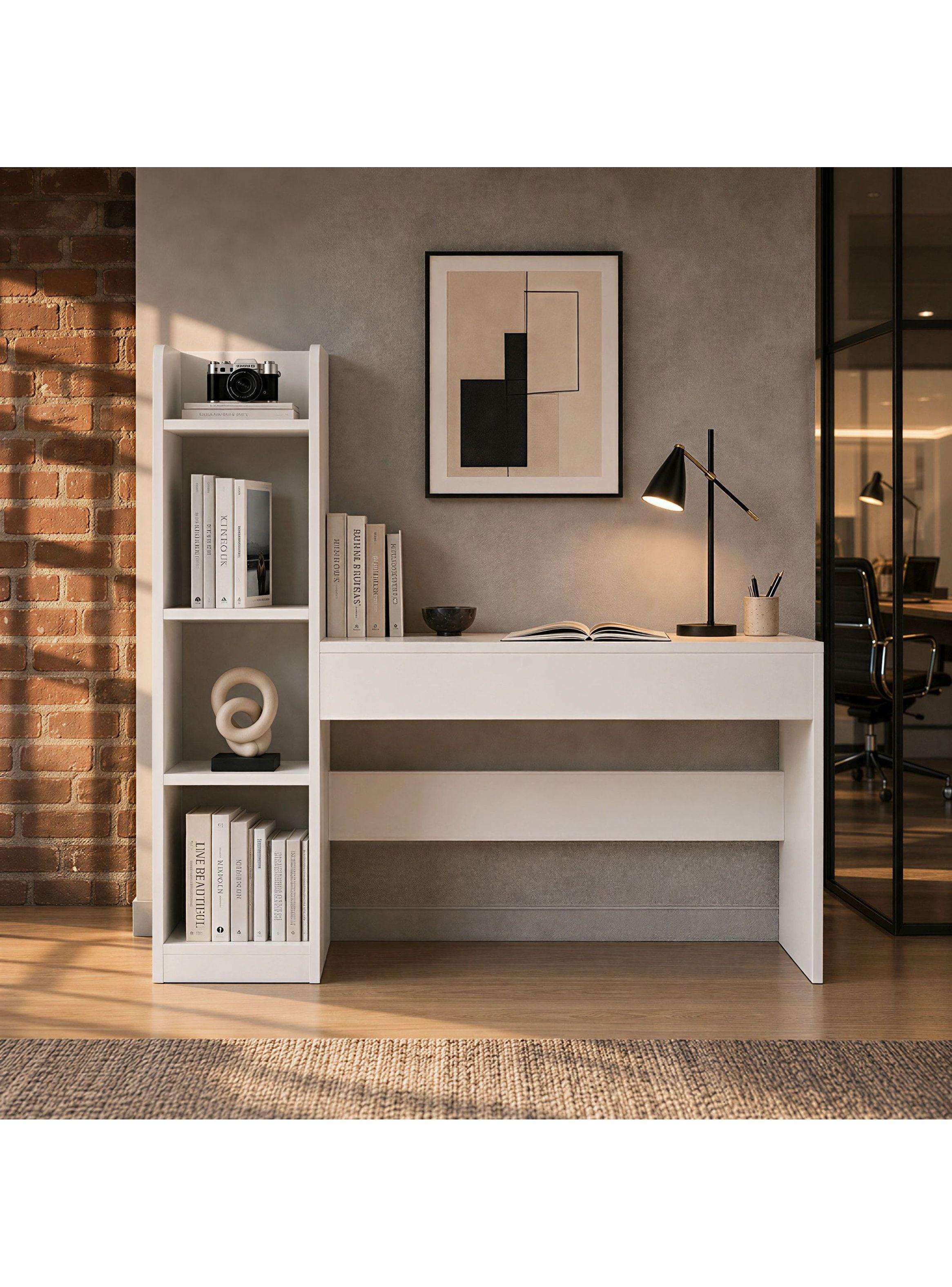 Escritorio Moderno Con Estantería Lateral Blanco 120x86x40 Blanco-6