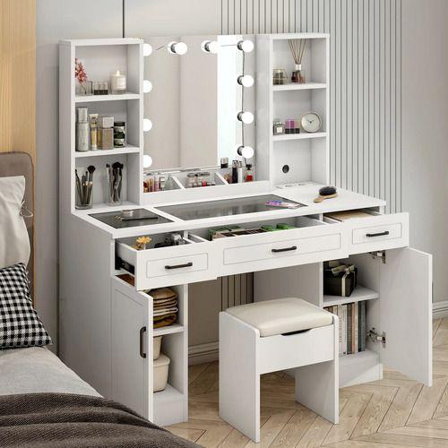 Tocador Espejo Hollywood Taburete Enchufe Repisa Con Vidrio Color Europeo-2