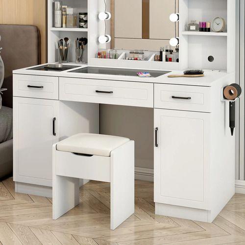 Tocador Espejo Hollywood Taburete Enchufe Repisa Con Vidrio Color Europeo-4