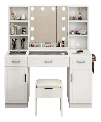 Tocador Espejo Hollywood Taburete Enchufe Repisa Con Vidrio Color Europeo-5