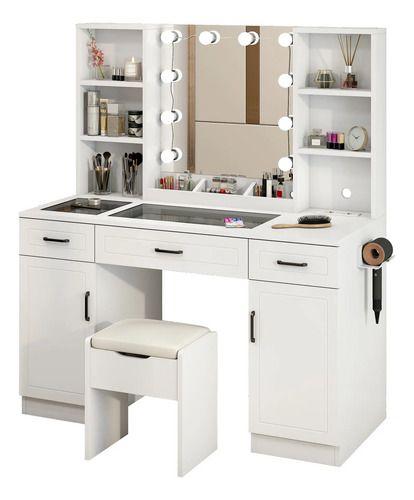 Tocador Espejo Hollywood Taburete Enchufe Repisa Con Vidrio Color Europeo-6
