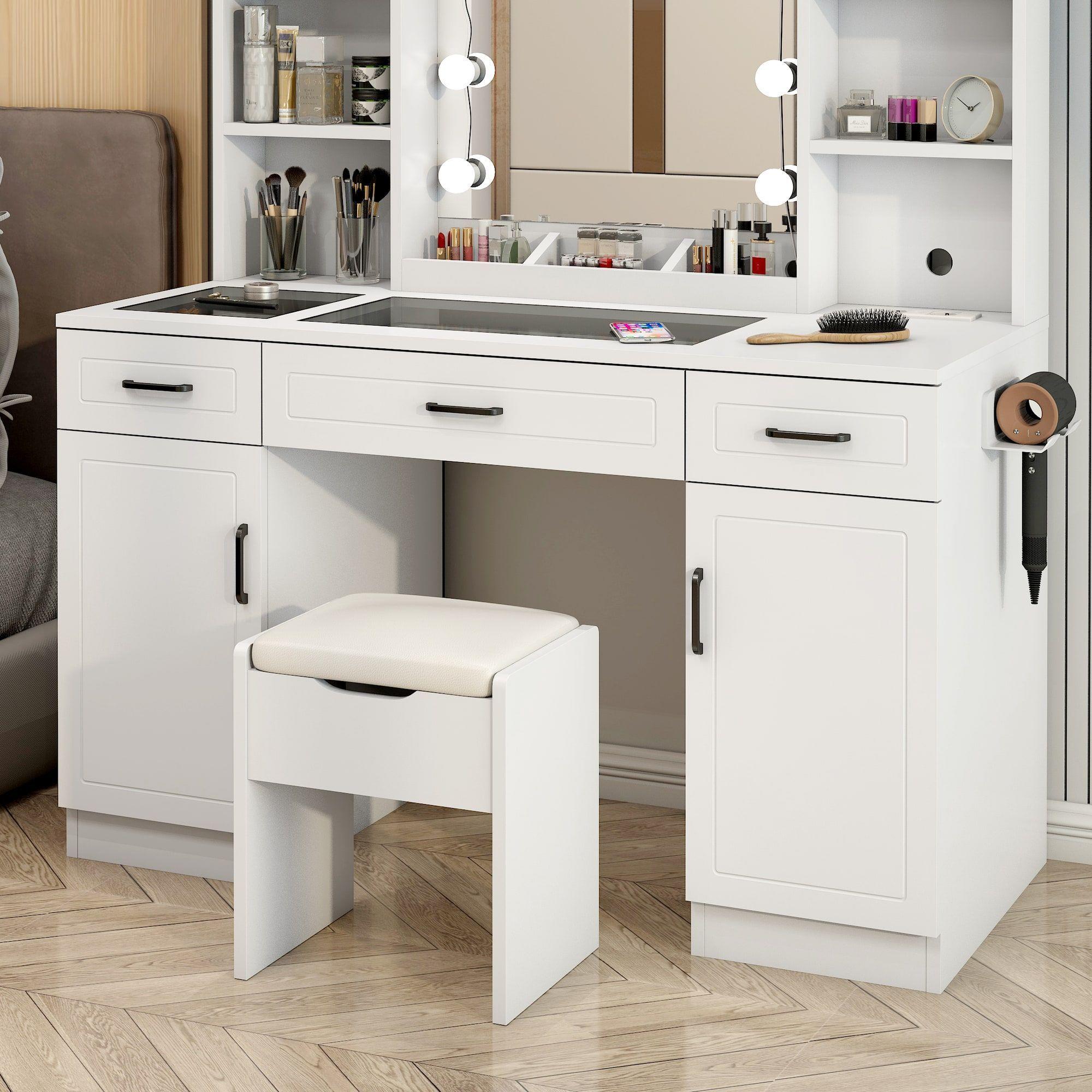 Tocador Espejo Hollywood Taburete Enchufe Repisa Con Vidrio Color Europeo-4