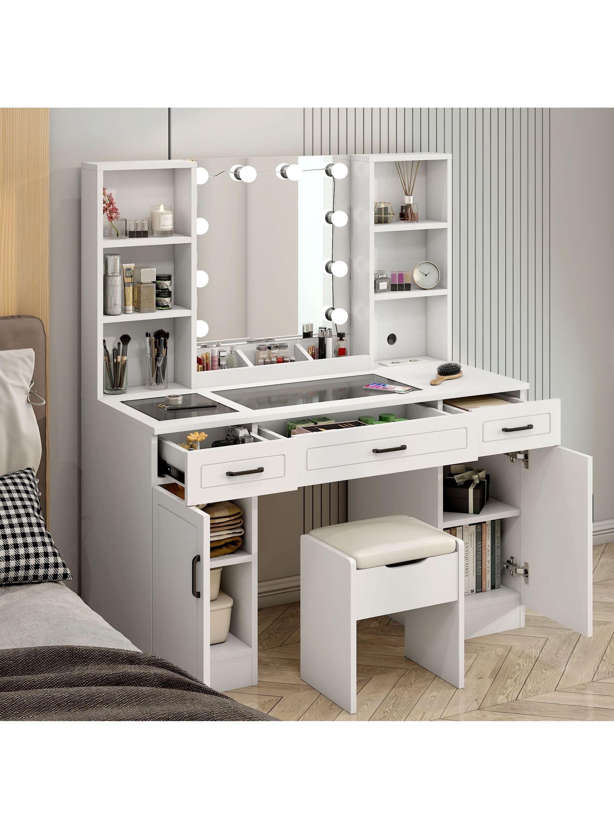 Tocador Espejo Hollywood Taburete Enchufe Repisa Con Vidrio Color Europeo-2