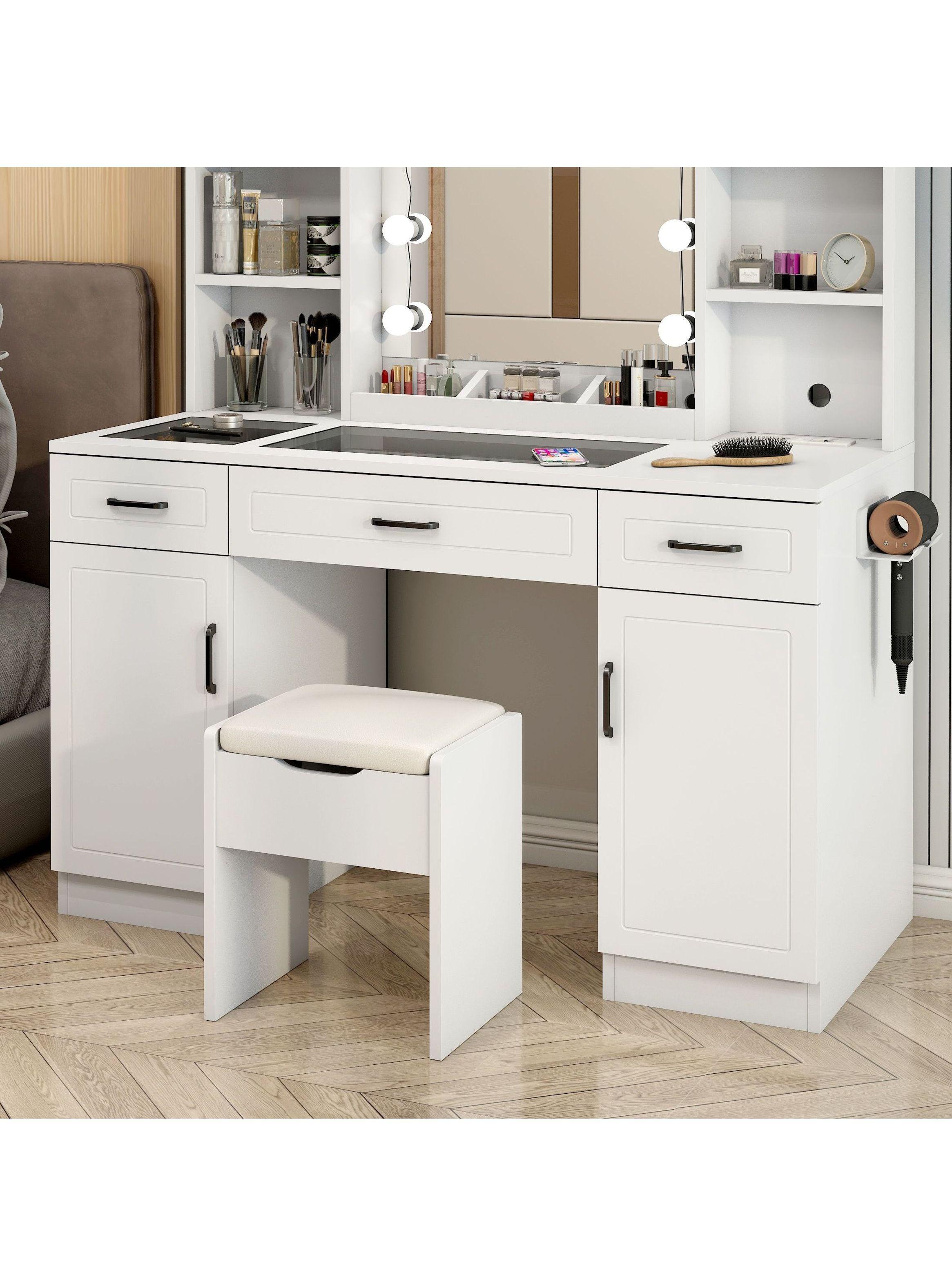 Tocador Espejo Hollywood Taburete Enchufe Repisa Con Vidrio Color Europeo-4