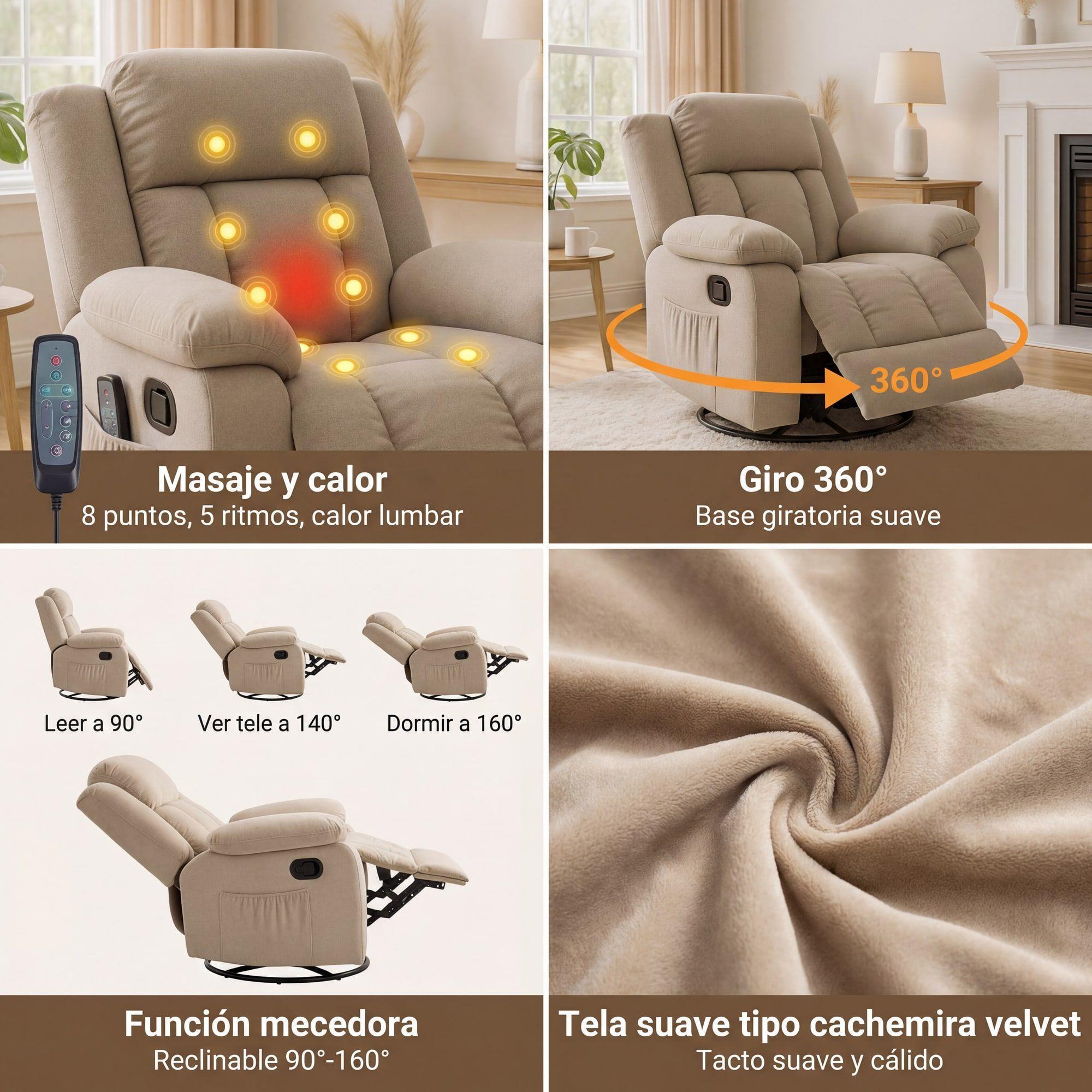 Berger Giratorio Reclinable+masaje+mecedora+calefaccion Caqui-2