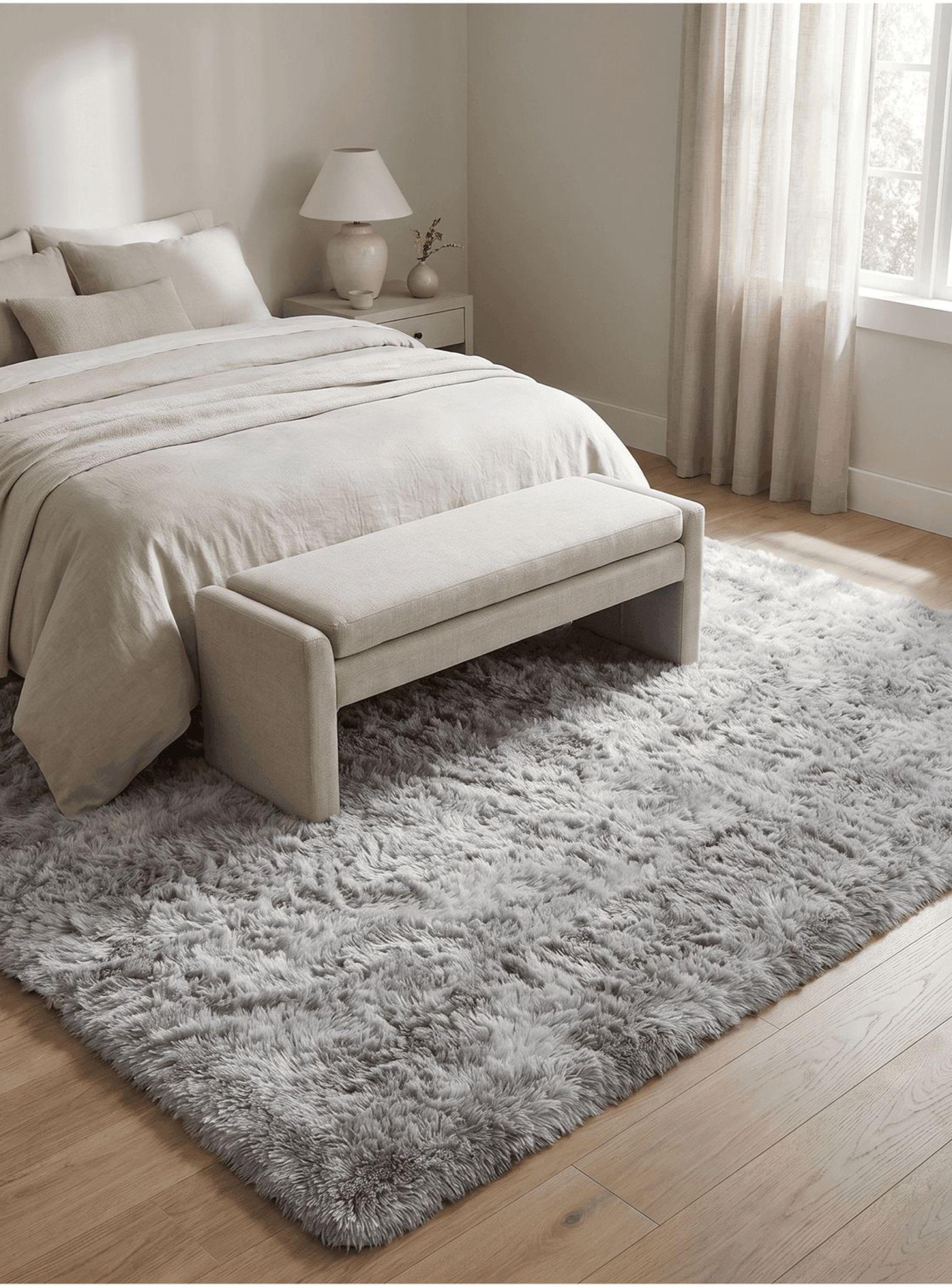 Alfombra 180x200cm Peluda Super Suave para living bajada de cama gris claro-4