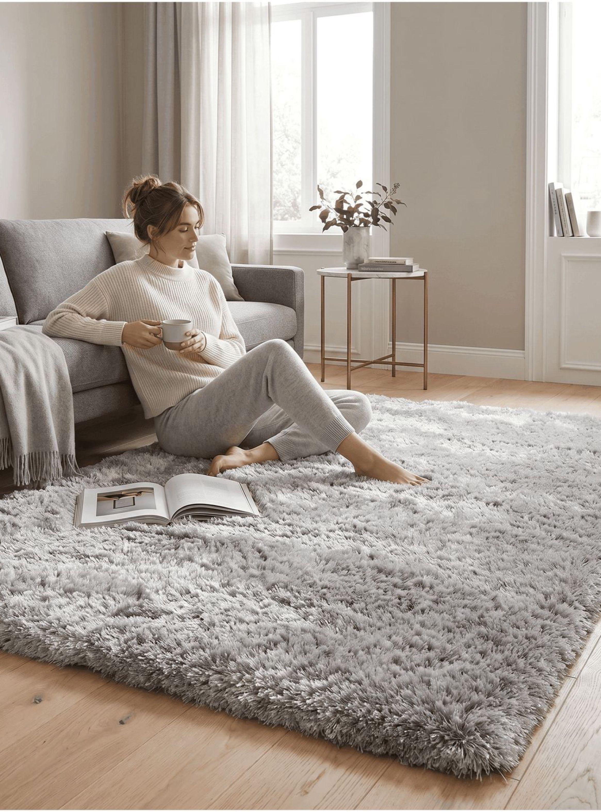 Alfombra 180x200cm Peluda Super Suave para living bajada de cama gris claro-5
