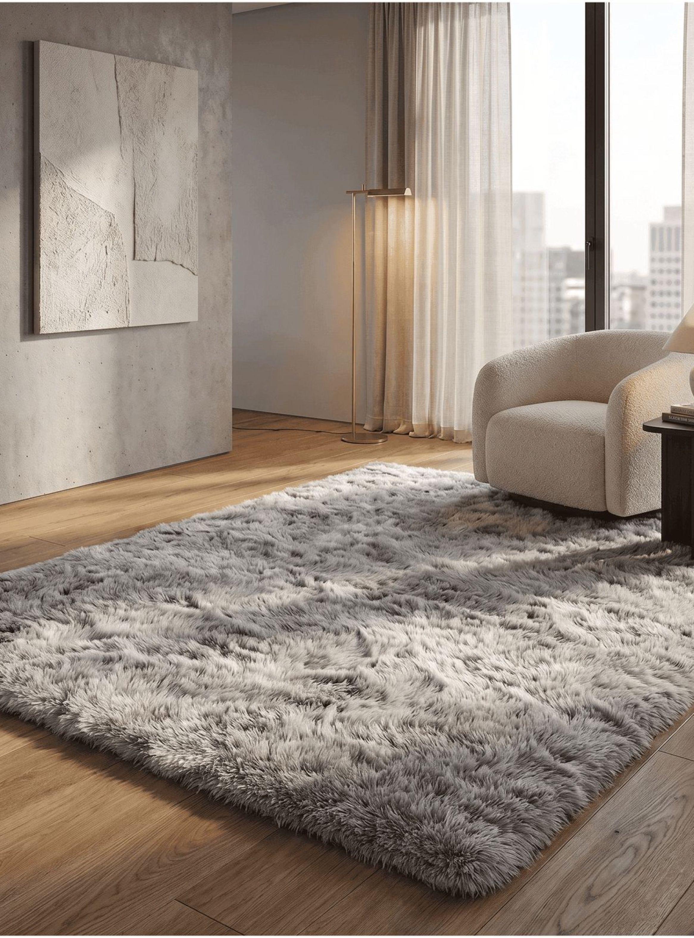 Alfombra 180x200cm Peluda Super Suave para living bajada de cama gris claro-6
