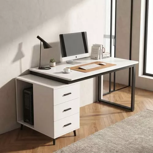Escritorio Moderno Con Cajoneras 120x60x75cm Para Oficina Blanco-7