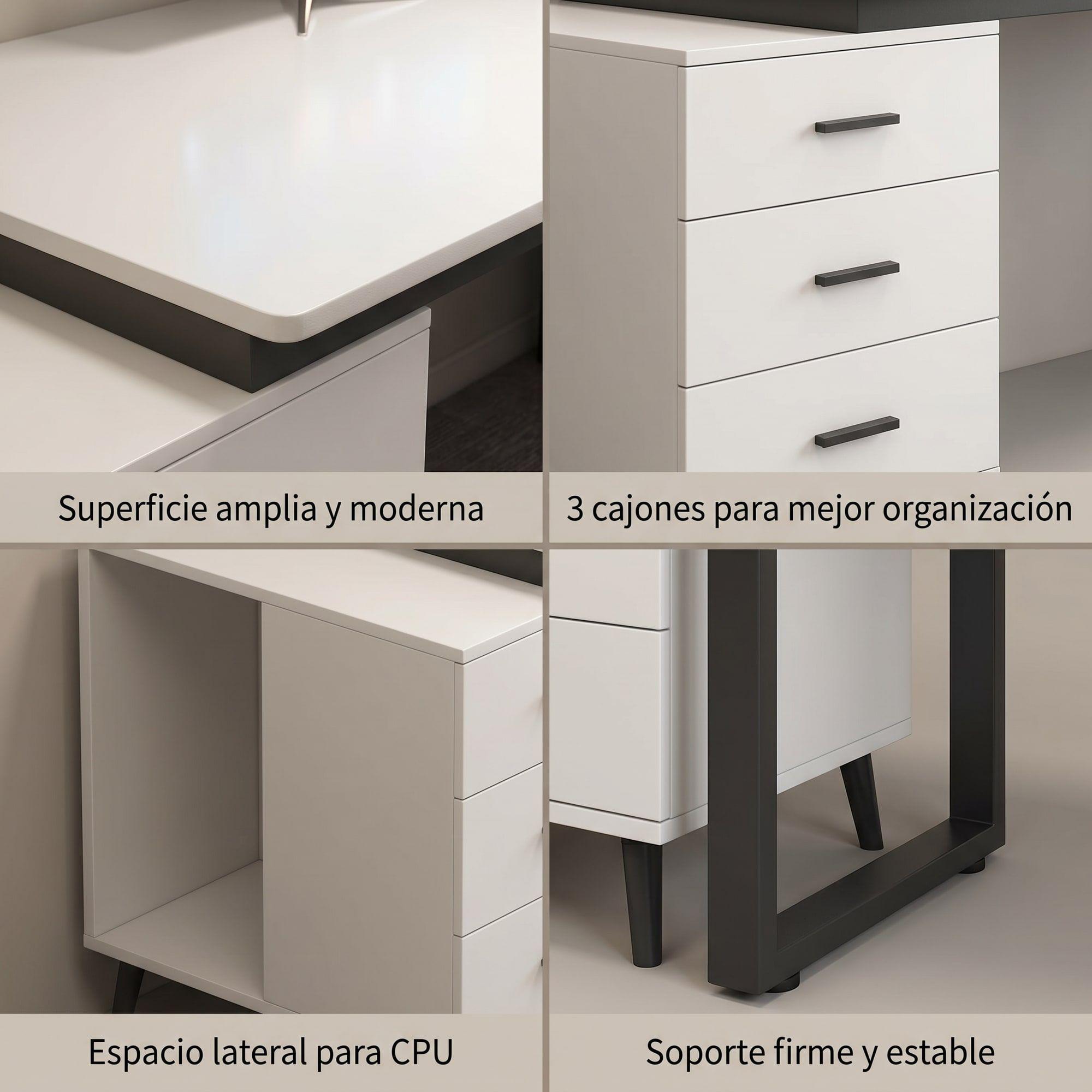 Escritorio Moderno Con Cajoneras 120x60x75cm Para Oficina Blanco-3