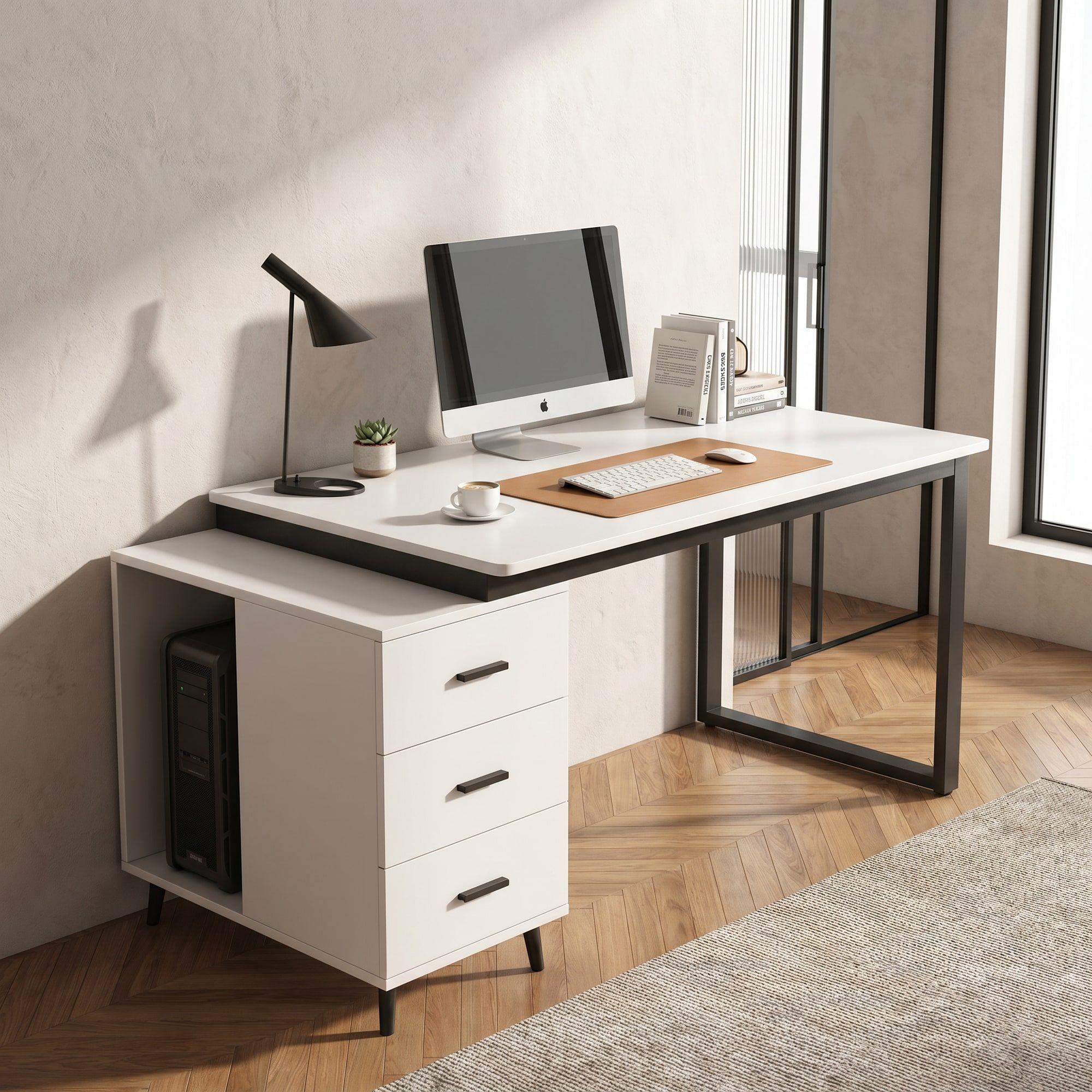 Escritorio Moderno Con Cajoneras 120x60x75cm Para Oficina Blanco-7
