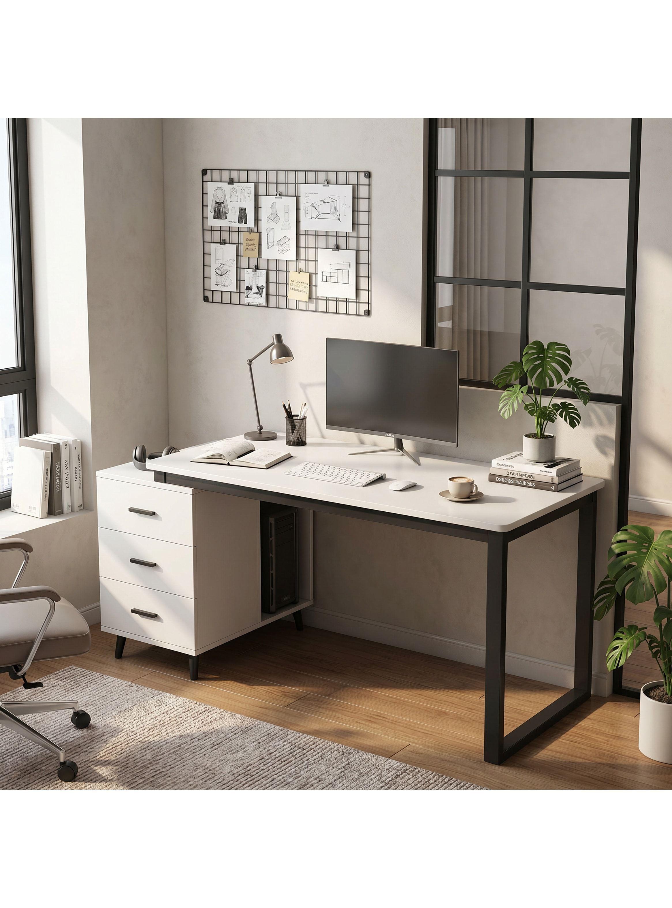 Escritorio Moderno Con Cajoneras 120x60x75cm Para Oficina Blanco-0