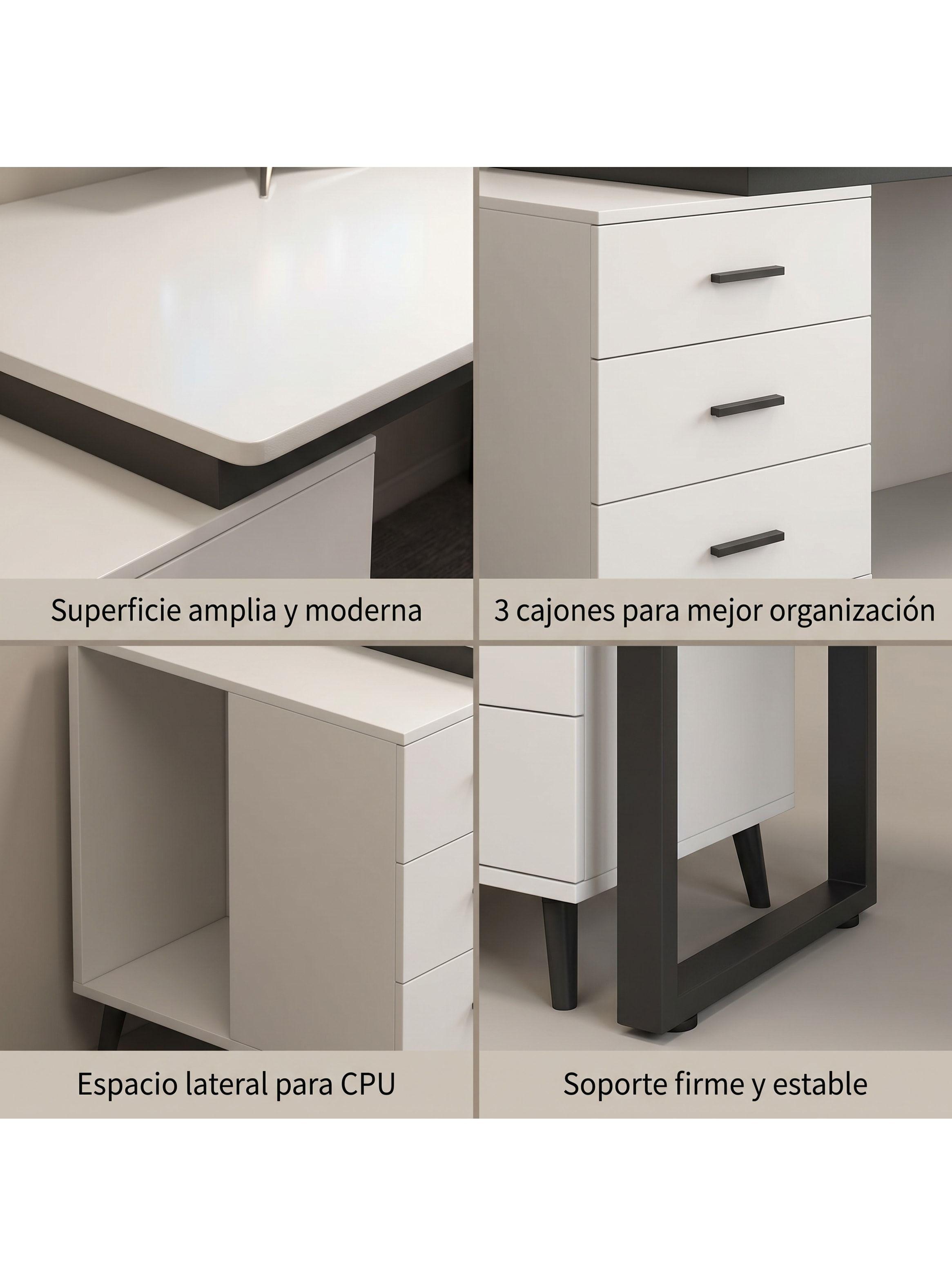 Escritorio Moderno Con Cajoneras 120x60x75cm Para Oficina Blanco-3
