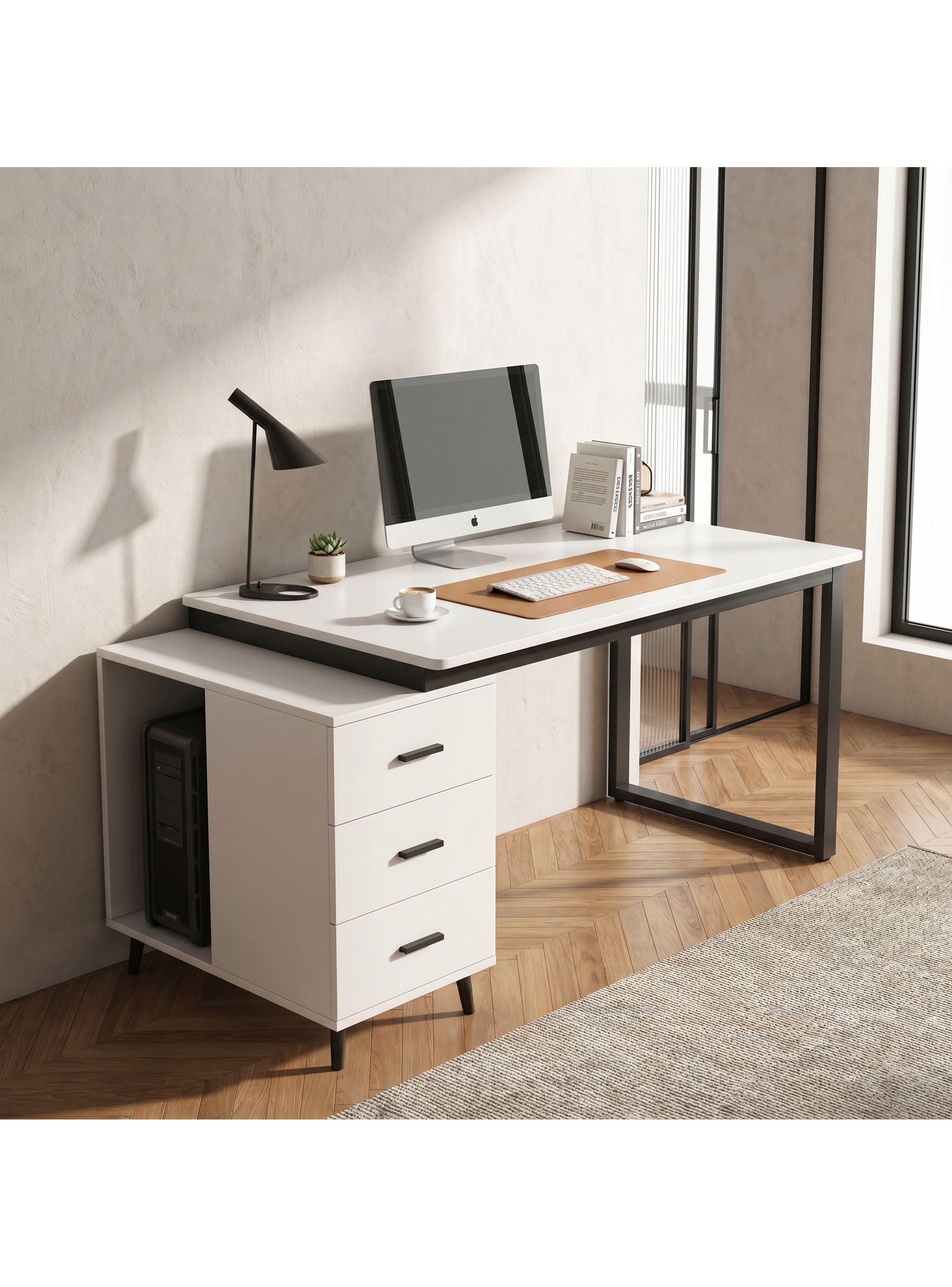 Escritorio Moderno Con Cajoneras 120x60x75cm Para Oficina Blanco-7