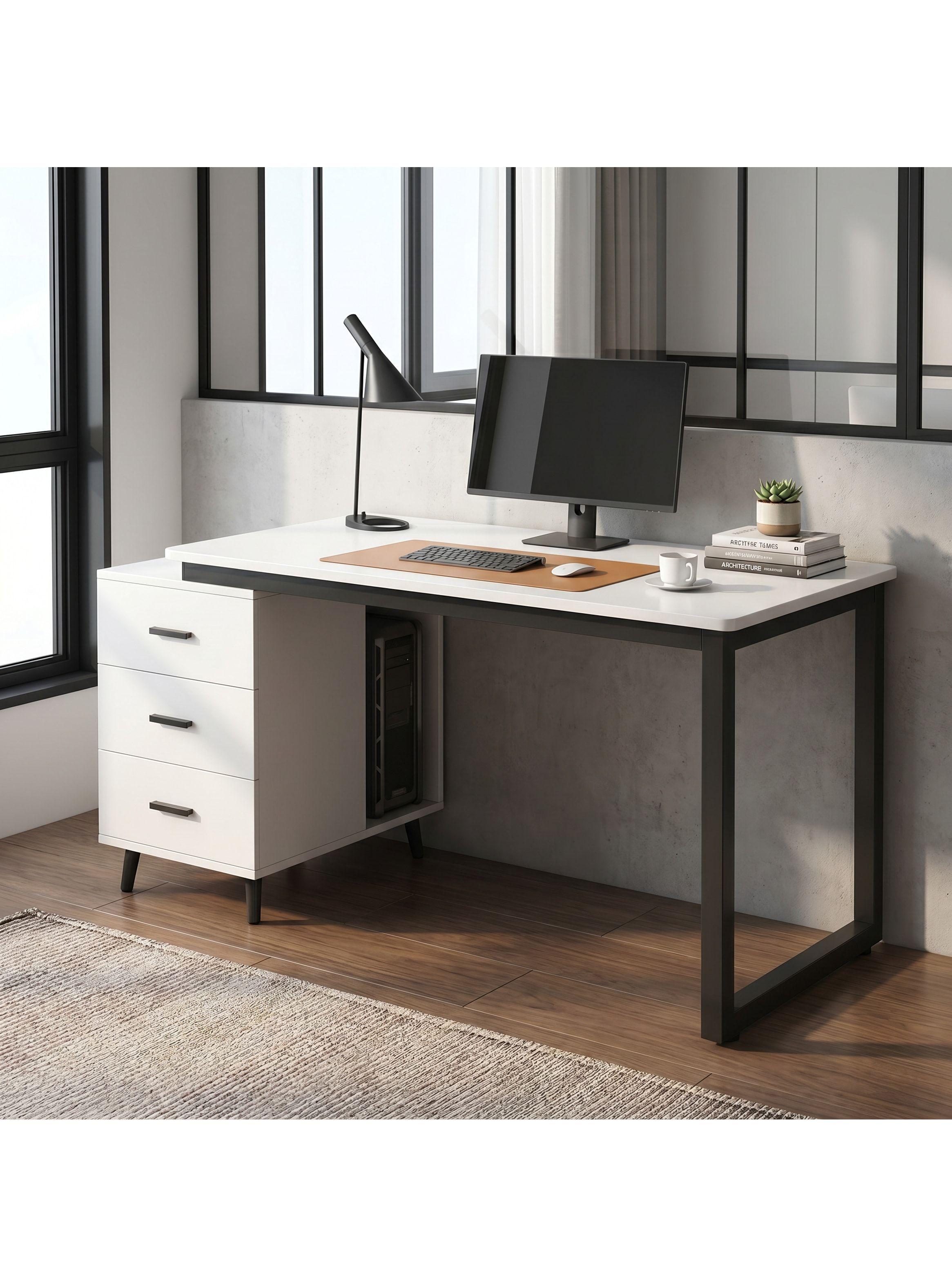 Escritorio Moderno Con Cajoneras 120x60x75cm Para Oficina Blanco-8