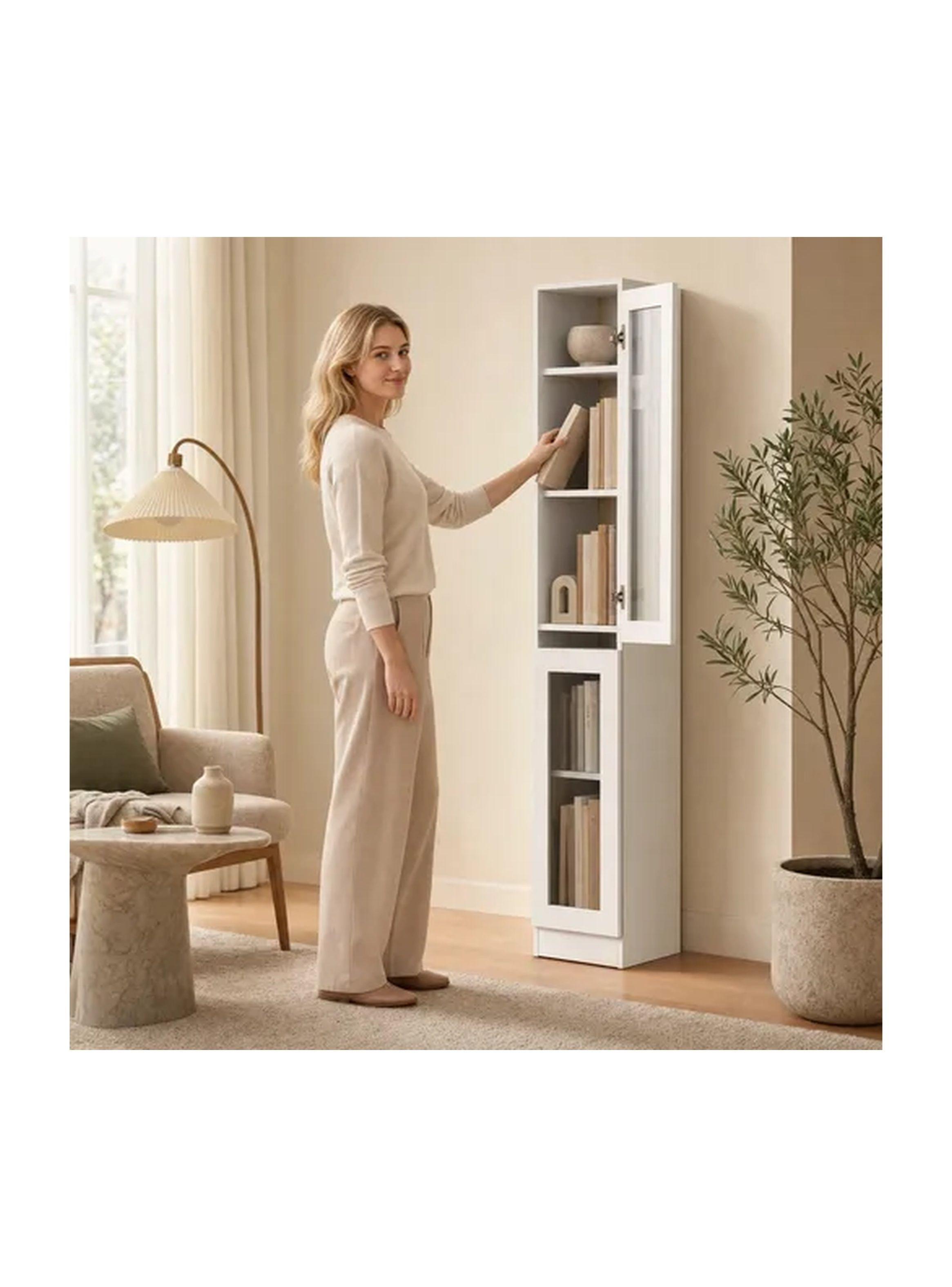 Biblioteca 30x32x182 Cm Con 2 Puertas De Vidrio Templado Blanco-5
